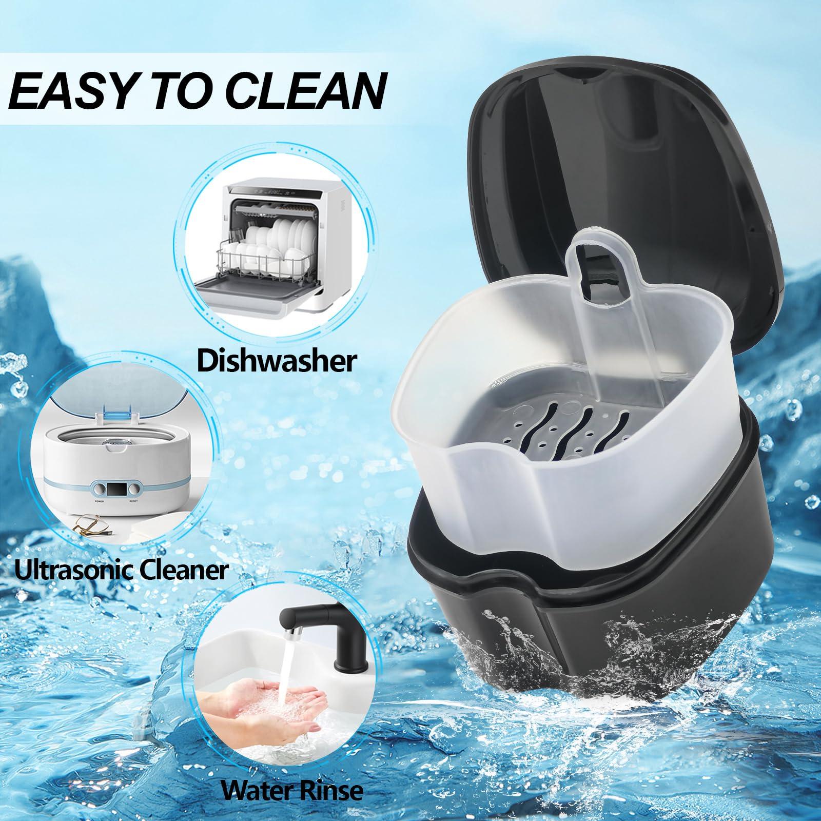 EZEELAI Denture Bath Case Retainer Cleaner Case with Strainer Basket, Denture Cup Dental Retainer Holder Case for Soaking Mouthguard Cleaning Storage Box Case - Black and White