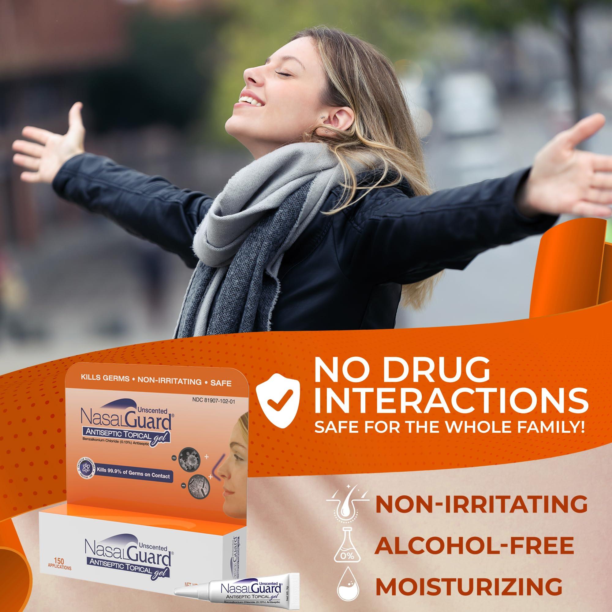 NasalGuard NasalGuard Antiseptic Topical Gel - Kills 99.9% of Germs - Patented Positive Ion Technology, Non-irritating, Safe for Daily use - Over 150 Applications Per Tube, (3 Grams) Unscented