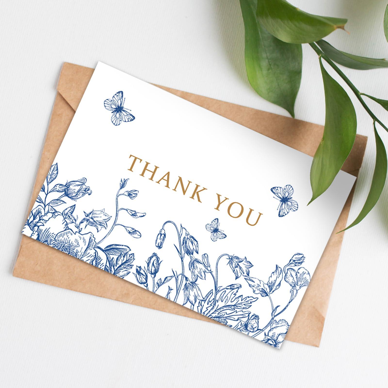 AnyDesign AnyDesign 36 Pack Blue Floral Thank You Cards Blue and White Flower Butterfly Note Cards with Kraft Envelopes Stickers Elegant Greeting Blank Cards for Baby Shower Wedding Birthday, 4 x 6 Inch