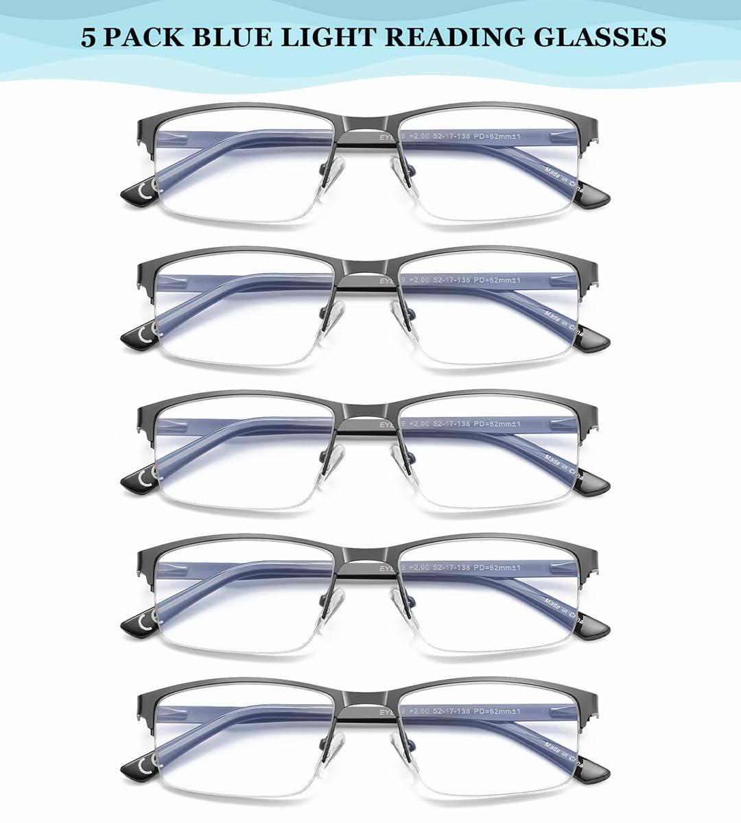 EYECEDAR EYECEDAR 5-Pack Reading Glasses Men Blue Light Blocking Eyeglasses Metal Gunmetal Half Frame Spring Hinges Readers for Men 2.00