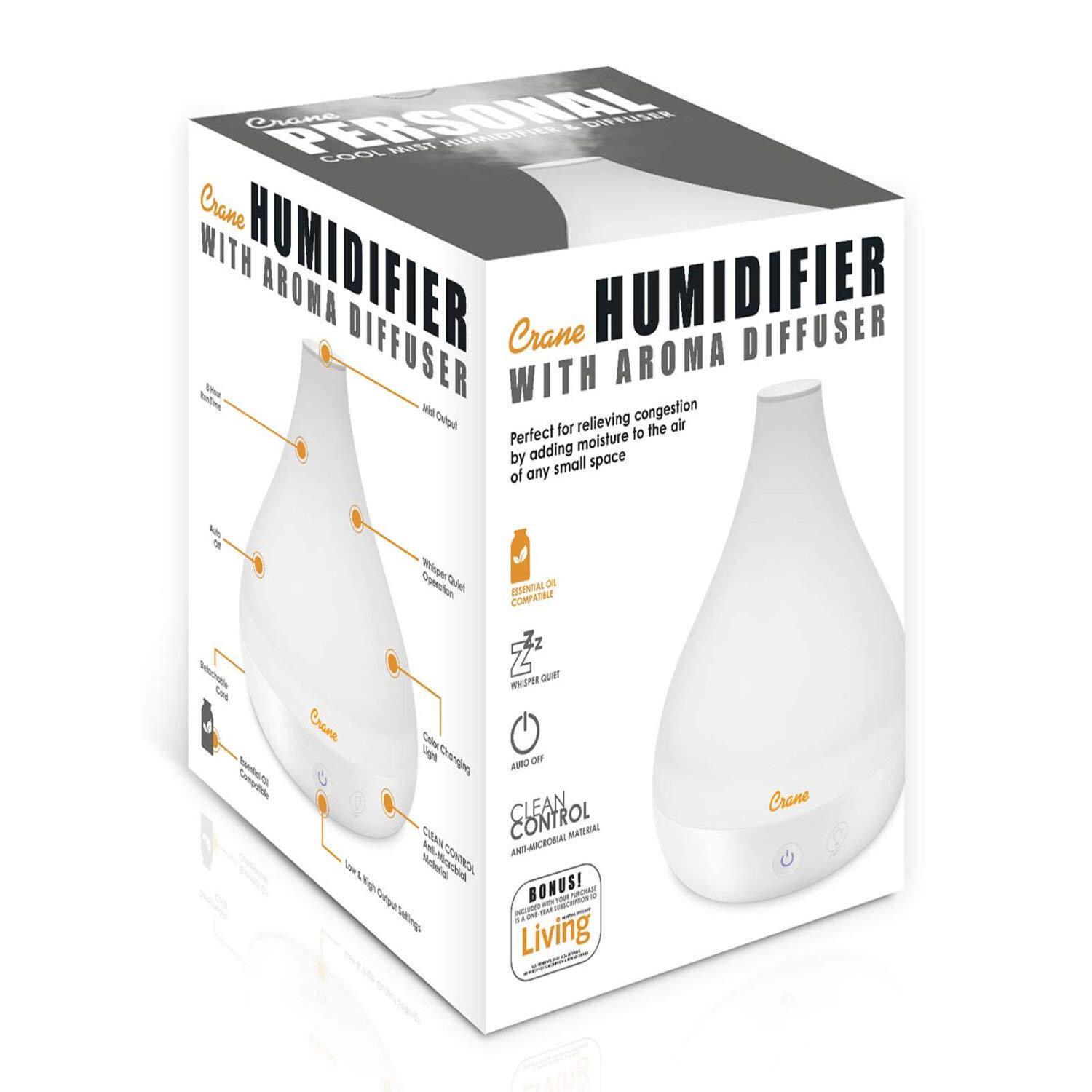 Crane Crane Personal Ultrasonic Cool Mist Humidifier and Aroma Therapy Diffuser, Optional Color Changing Nightlight Included, for Home, Hotels, and Office, 0.35 Gallon 1.5 Liter, White (Pack of 2)