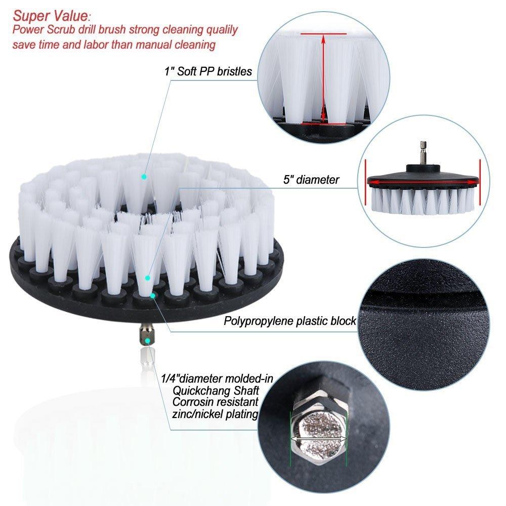 DUOSHIDA DUOSHIDA Drill Brush Soft Medium Stiff Bristle Powered Scrub Attachments Cleaning Kit for Bathroom Shower Grout Carpet Tires Boats Ceramic Marble Wheels Glass Carpets Upholstery (2\'\'+3\'\'+4\'\'+5\'\'+5\'\')