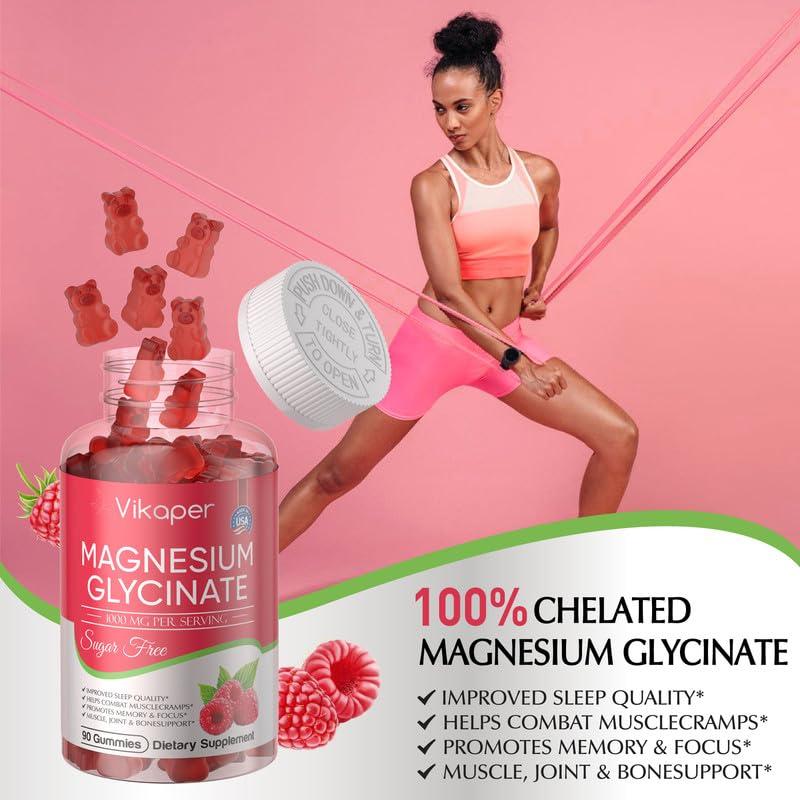 VIKAPER Magnesium Glycinate Gummies 1000mg Sugar Free,Magnesium Potassium Supplement with Vitamin D3,B6 to Sleep,Stress,Muscle Relief,Nerve Health Support for Adults,180 Raspberry Flavor Gummy