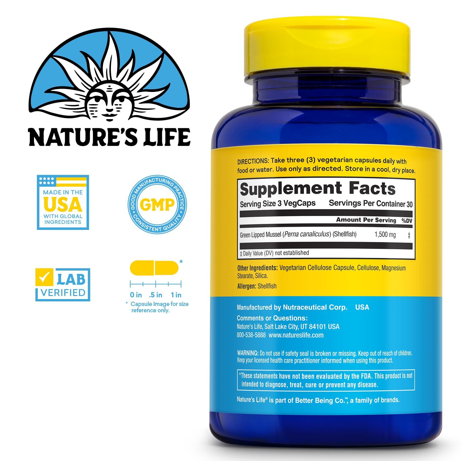 Nature's Life NATURE\'S LIFE Green Lipped Mussel 1500 mg - New Zealand Green Lipped Mussel Supplement with Naturally Occurring Omega 3 Fatty Acids - 60-Day Guarantee, Lab Verified - 30 Servings, 90 Capsules