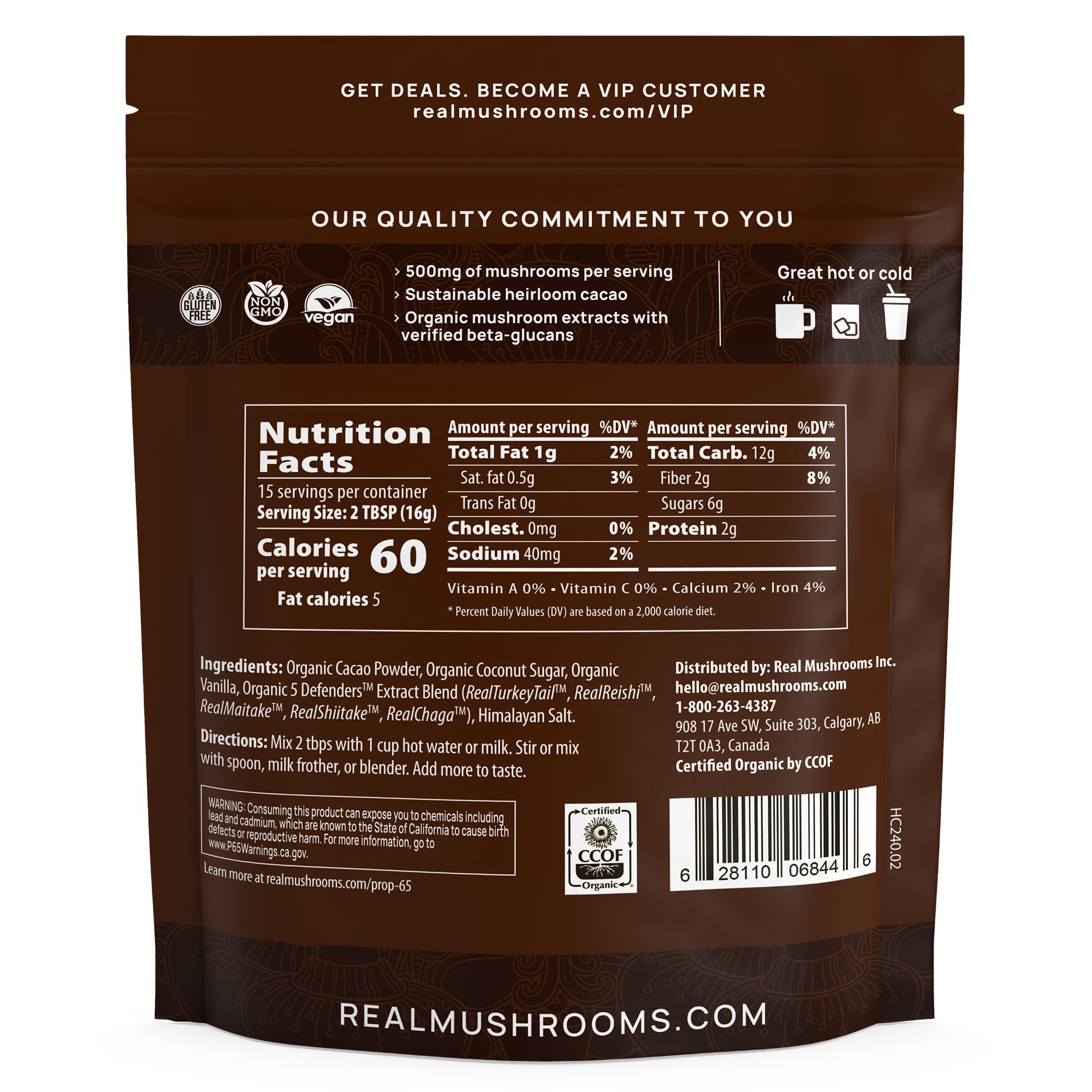 Real Mushrooms Real Mushrooms Organic Hot Chocolate Mix with 5 Defenders Turkey Tail, Chaga, Maitake, Shiitake, Reishi Mushroom - Cacao Powder Vegan Supplement, Gluten-Free, 15 Servings