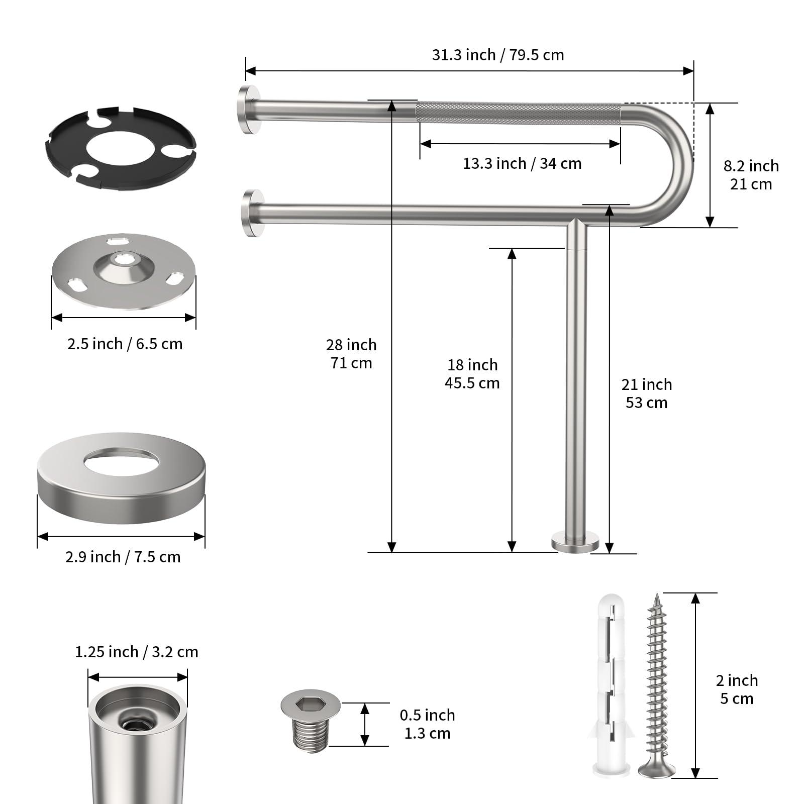 Munzong Toilet Support Rail 31.3X 31.5 Inch, Munzong Anti-Slip Satin Brushed Nickel Handicap Grab Bar for Bathroom, Stainless Steel Knurled Safety handrails with Leg for Elderly Disabled Pregnant-1.25Tube