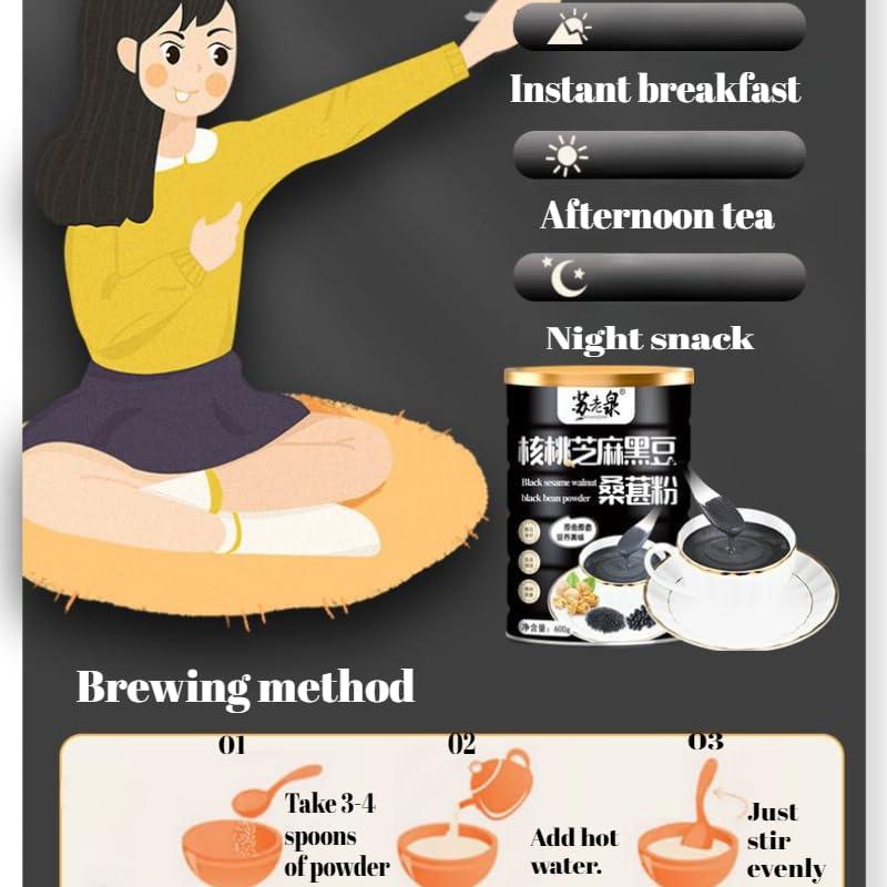 RETBST Black sesame paste, walnut black bean and mulberry powder 21.16oz, yam and black rice soup, instant breakfast Congee, coarse grain food, healthy vegetable soup, oatmeal, cereal, vegetarian (1 can)