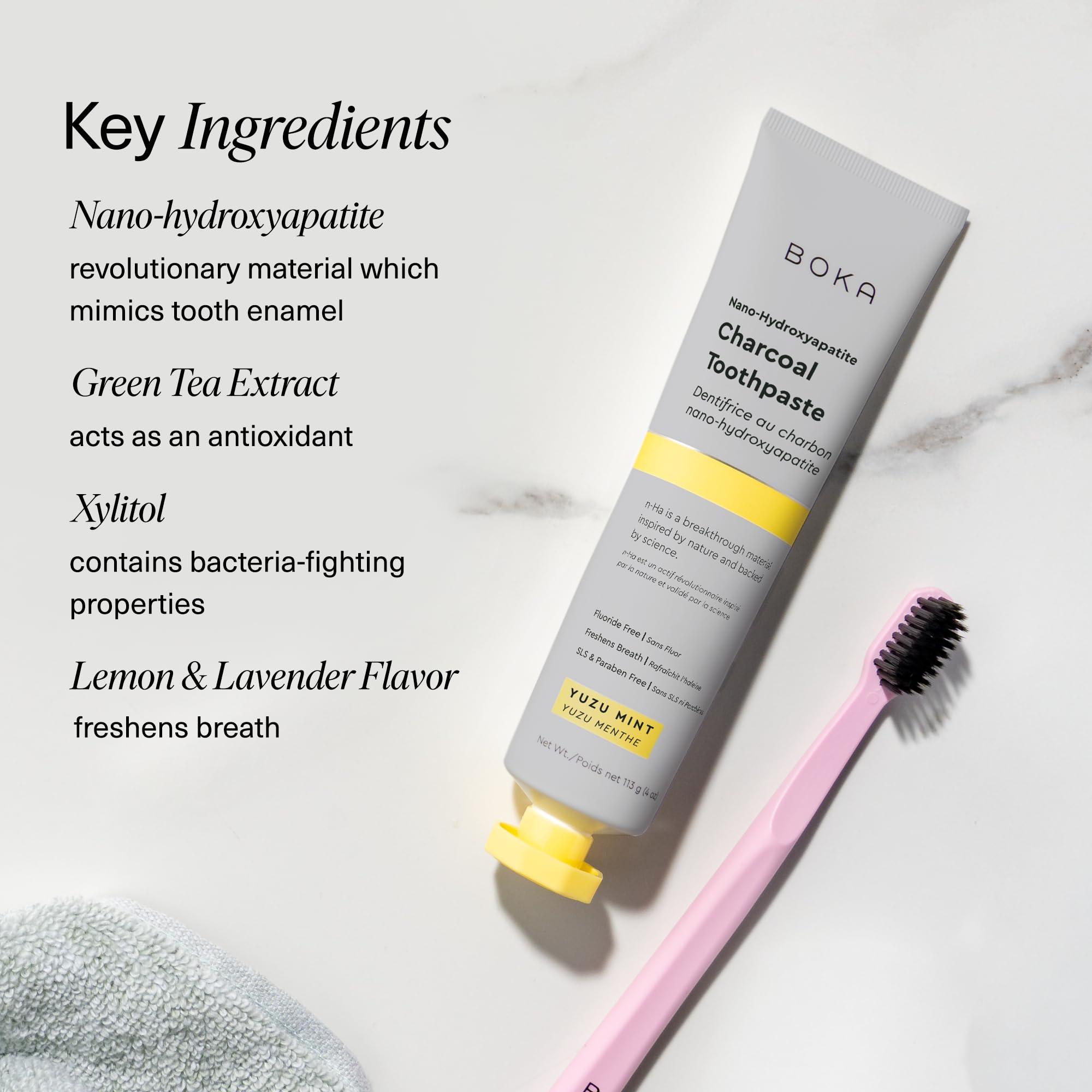 Boka Boka Charcoal Fluoride Free Toothpaste Nano Hydroxyapatite, Helps Remineralize, Appropriate for Sensitive Teeth, Whitening - for Adult, Kids Oral Care - Yuzu Mint Flavor, 4 Fl Oz 3Pk