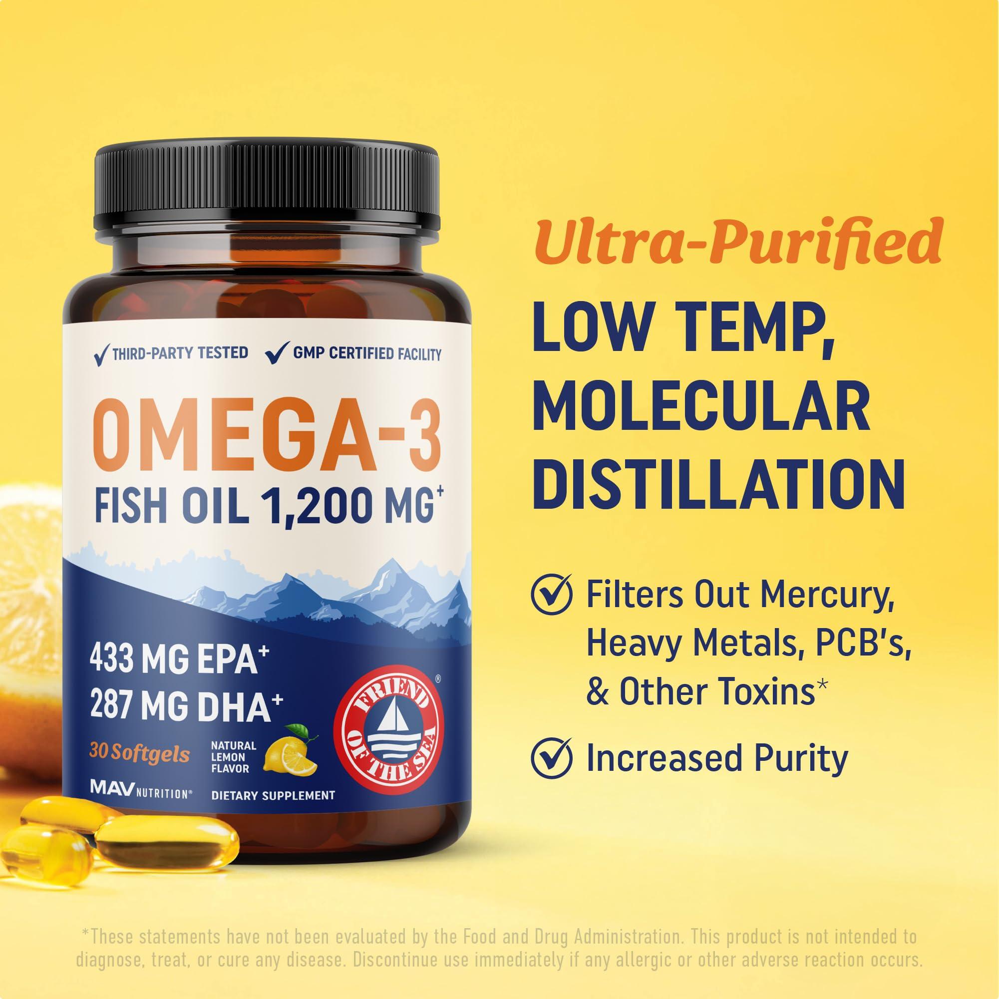 MAV NUTRITION Triple Strength Omega 3 Fish Oil 1200 mg | EPA & DHA | Wild Caught, Sustainably Sourced Omega-3 Fatty Acids | Premium Burpless Fish Oil Supplements | Non-GMO, Third-Party Tested | 30 Softgels