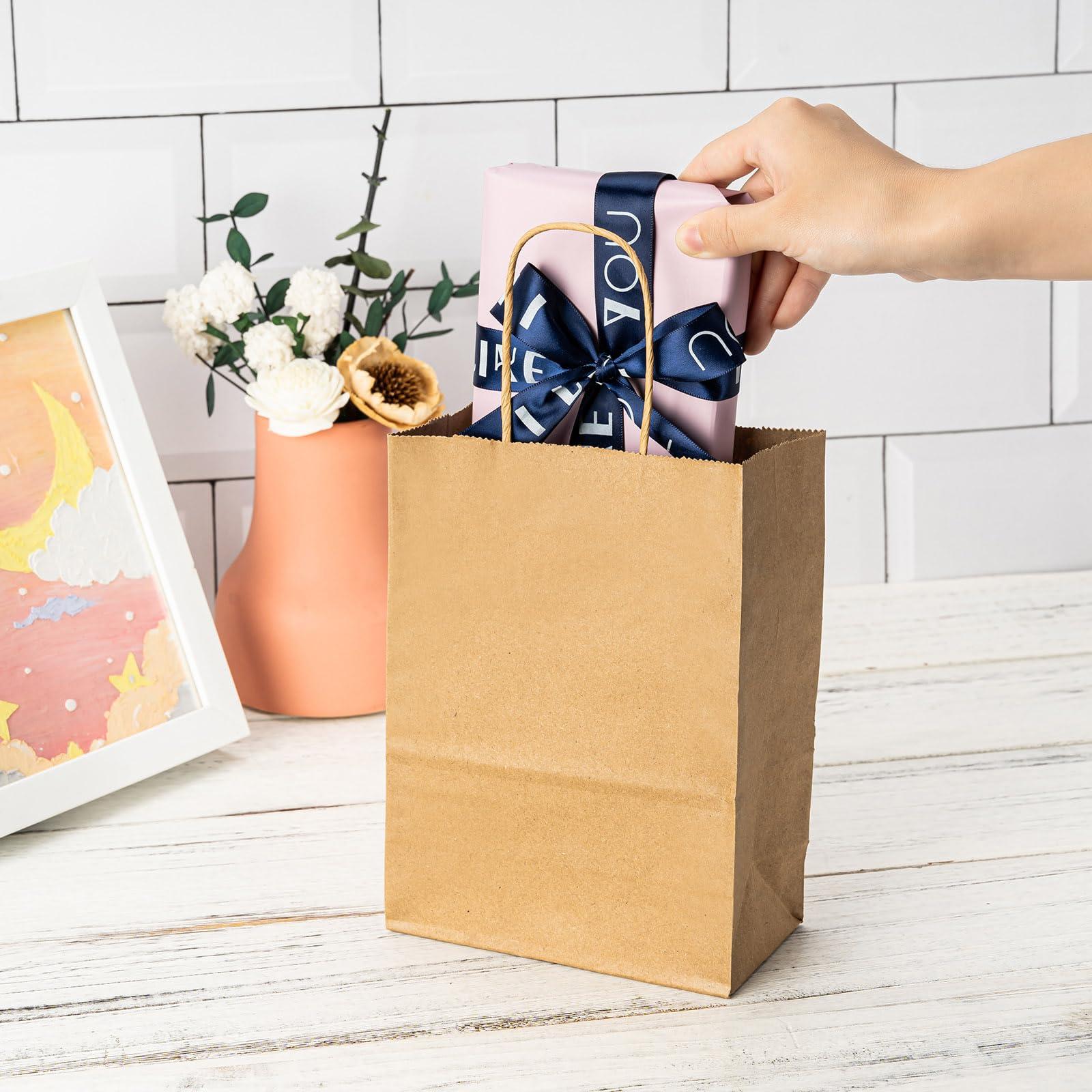 METAPRINT 300 PCS Custom Printed Kraft Paper Bags for Small Business, 5.8*3.2*8.25 Inch Small Size, Personalized Retail Gift Bags with Logo, Brown White Shopping Paper bag with Handle, Goodie Bags