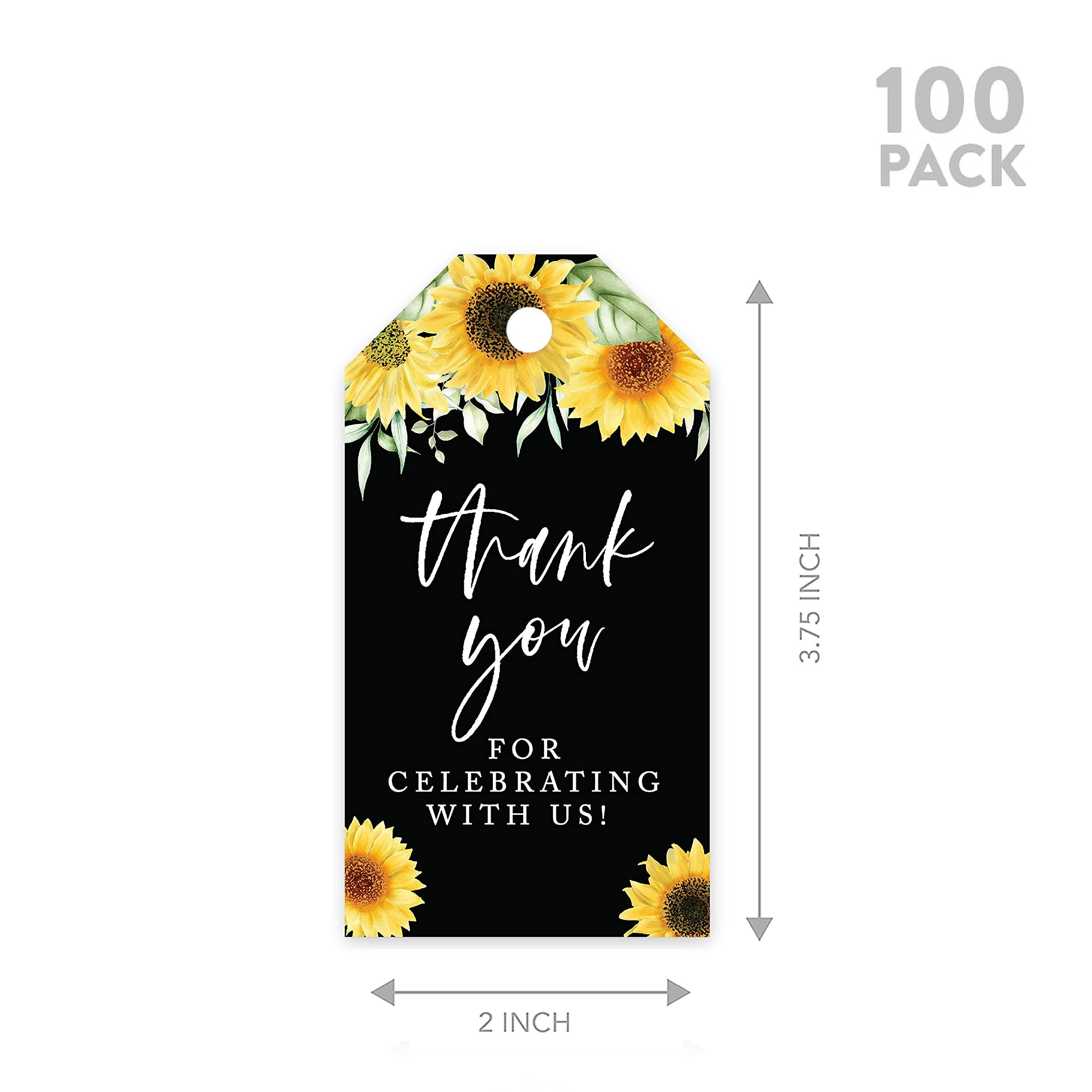Andaz Press Andaz Press 100-Pack Thank You for Celebrating with Us Favor Tags Sunflowers Black Background Cardstock Gift Tags with Bakers Twine for Wedding Baby Shower Bridal Shower Party Favors 2 x 3.75-Inches
