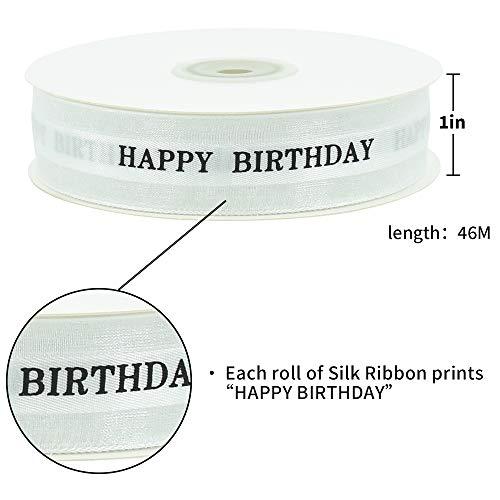 TONIFUL TONIFUL Happy Birthday Ribbon 1 Inch White Satin Silk Ribbons for Gift Wrapping 50 Yards Chiffon Organza Ribbon for Birthday Party Supplies Bouquet Wrapping Cake Box Wrapping Decoration