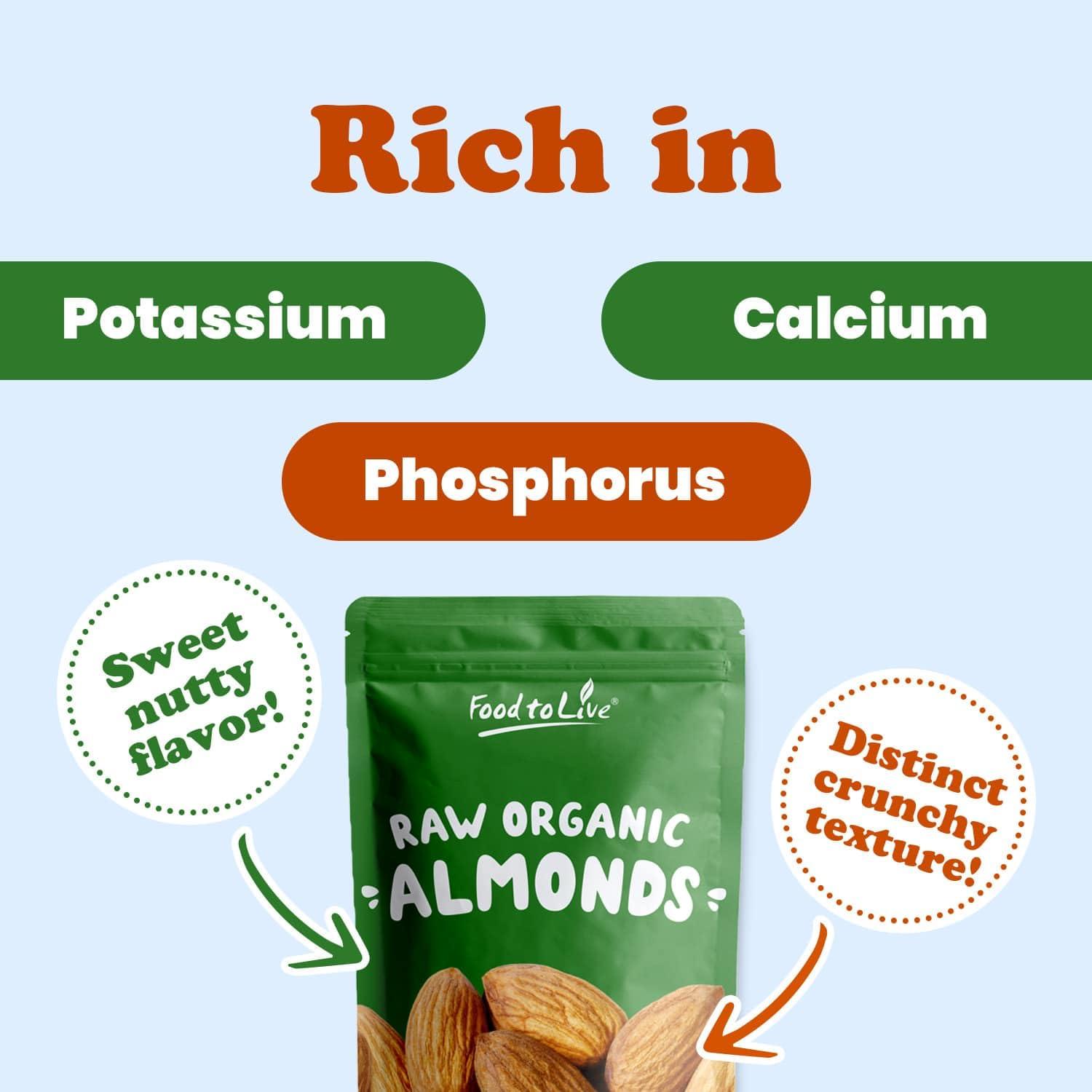 Food to Live Food to Live - Organic Almonds, 8 Ounces Non-GMO, Whole, Raw, No Shell, Unpasteurized, Unsalted, Vegan, Kosher, Bulk. Keto Snack. Good Source of Vitamin E, Protein. Great for Almond Milk, Nut Butter.