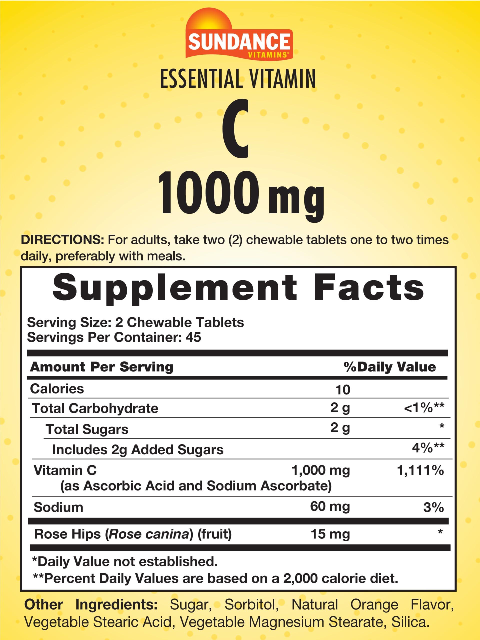 Sundance Sundance Chewable Vitamin C 1000mg | 90 Tablets | Natural Orange Flavor | Vegetarian, Non-GMO, and Gluten Free Supplement