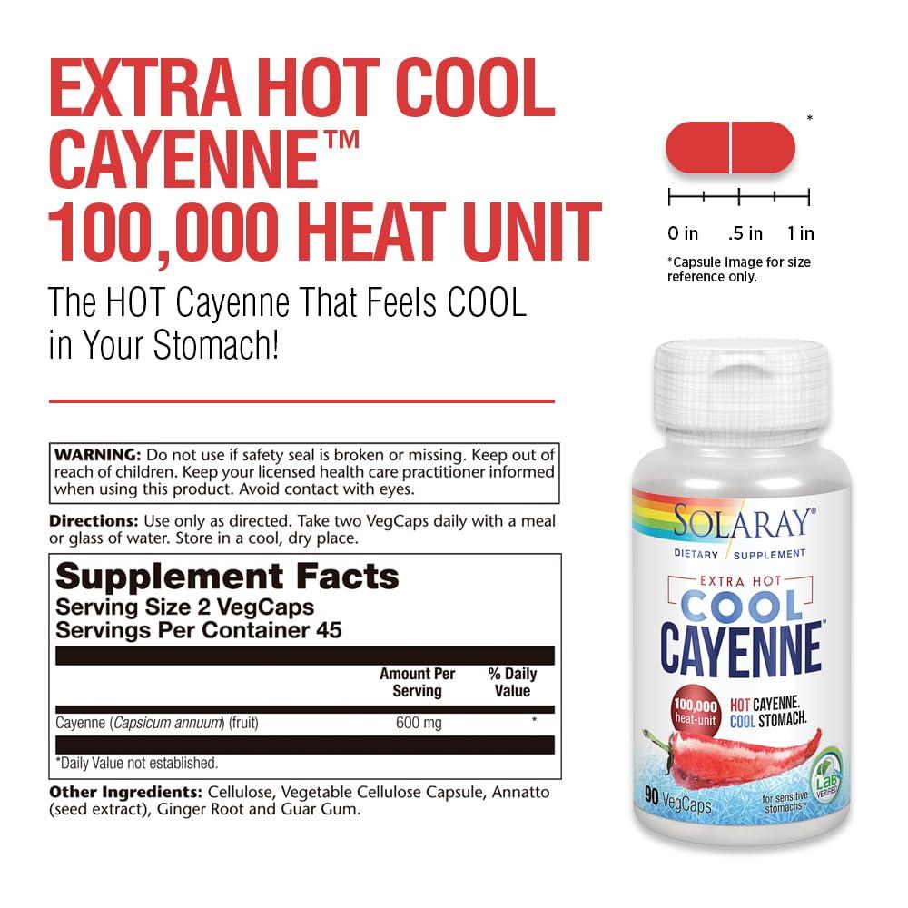 SOLARAY SOLARAY Extra Hot Cool Cayenne 100,000 HU - Traditional Folk Remedy and Digestion Aid - Bio-Cool Process - Lab Verified, GMP Facility, 60-Day Guarantee - 45 Servings, 90 VegCaps