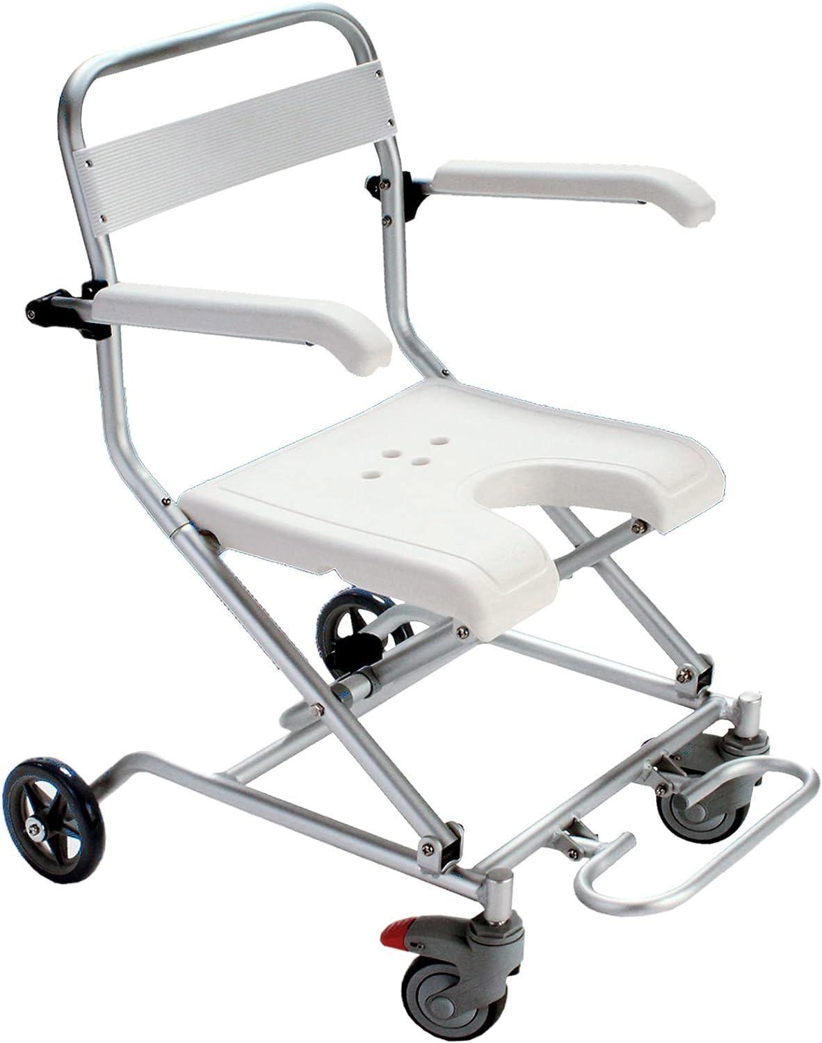 WETOBO Wheel Chair Shower Bath Stool Foldable with Wheels for Elderly and Disabled, Shower Stool with Flip-up Arms and Ergonomic Back - Wheelchair + Shower Chair Two in One