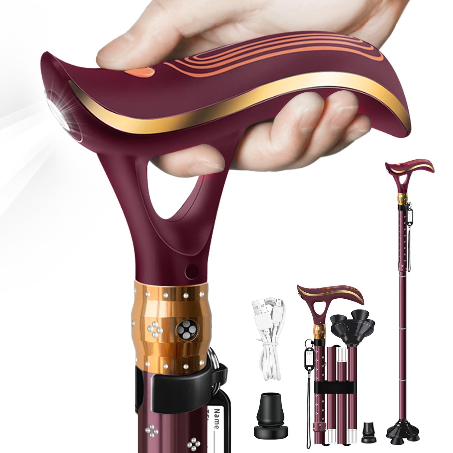 ispuoocti ispuoocti Folding Cane, Smart Alarm Foldable Cane with Light, Fashion Walking Cane for Women&Men, Adjustable Canes for Seniors, USB Direct Charging, Lightweight and Portable (Red)