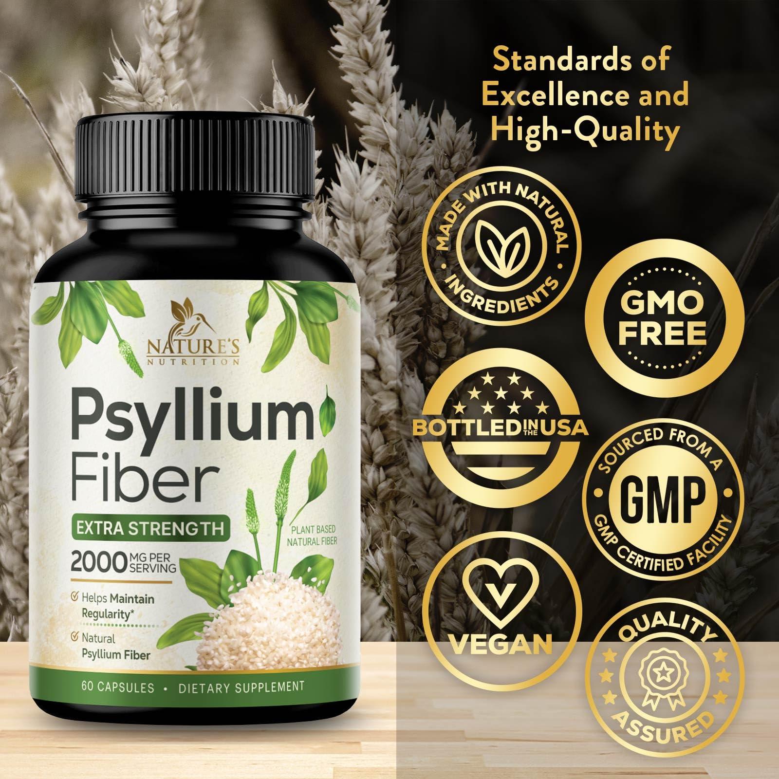 Nature's Nutrition Psyllium Husk Capsules 1500mg, Natural Daily Soluble & Insoluble Fiber, Psyllium Husk Powder Fiber Caps Supports Digestion Colon Health & Regularity, Non-GMO Gluten Free Supplement - 60 Veg Capsules