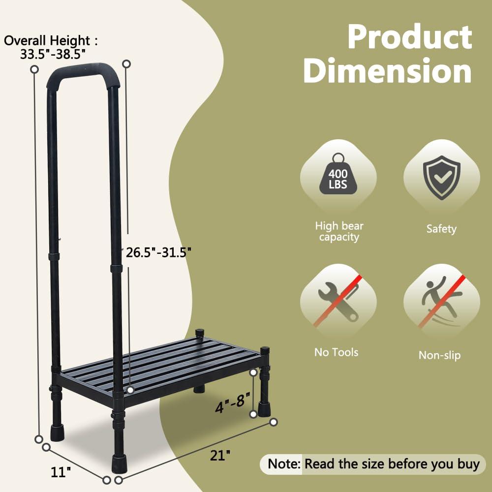 NEAUDE Medical Step Stool with Handle SUV Car Elderly Handicap Steps for RV Mobile Home with Handrail for Adults Seniors Bariatric Metal Stepping Stool Safety Step Assist Adjustable 300lb Foot Stool