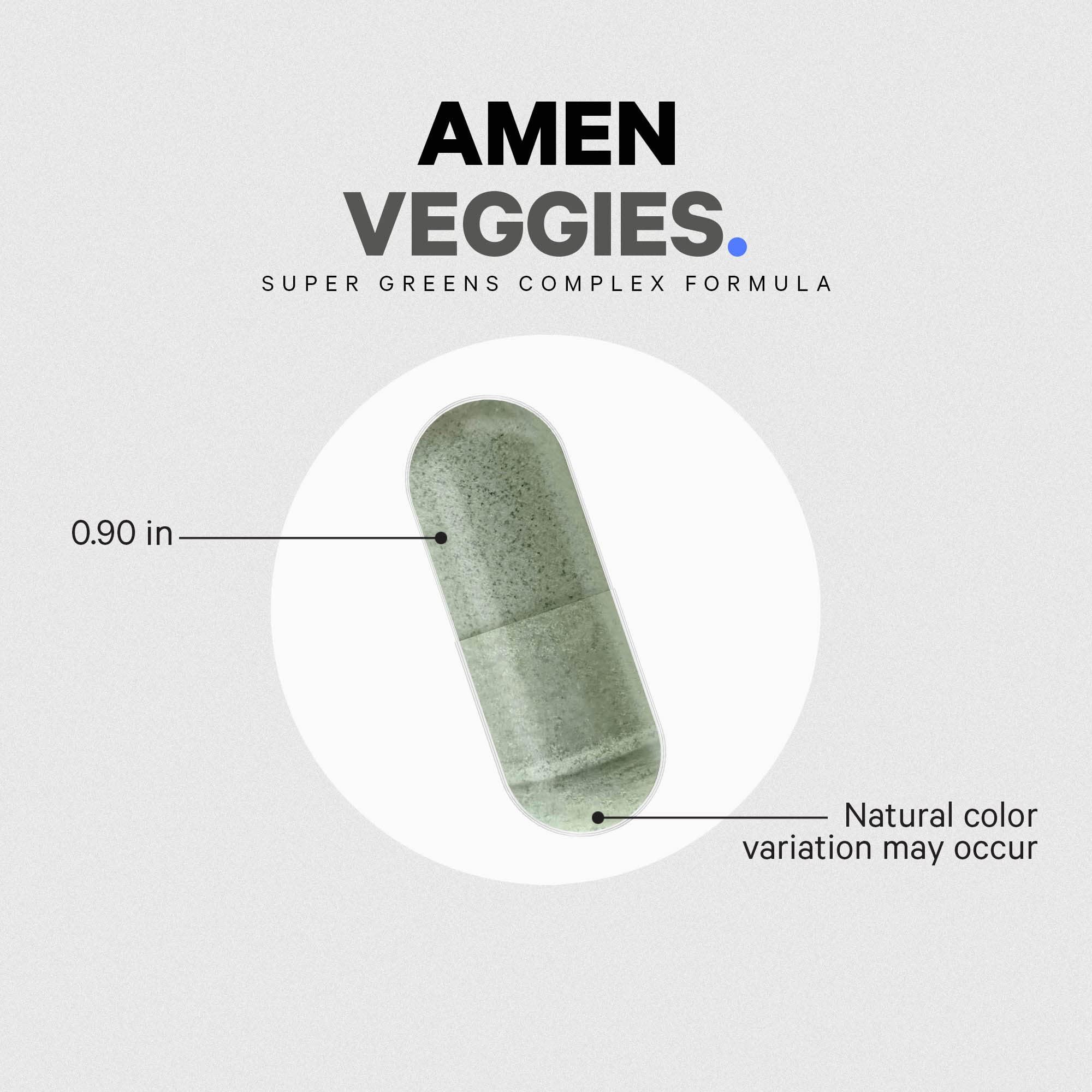 Amen Amen Veggies, Daily Veggies Vitamins Supplement, Vegetables Vegan Blend & Whole-Food Raw Greens Multivitamin Capsules, Mushroom Complex, Superfood, Minerals, Green Vegetable Nutrients, Non-GMO, 90 ct