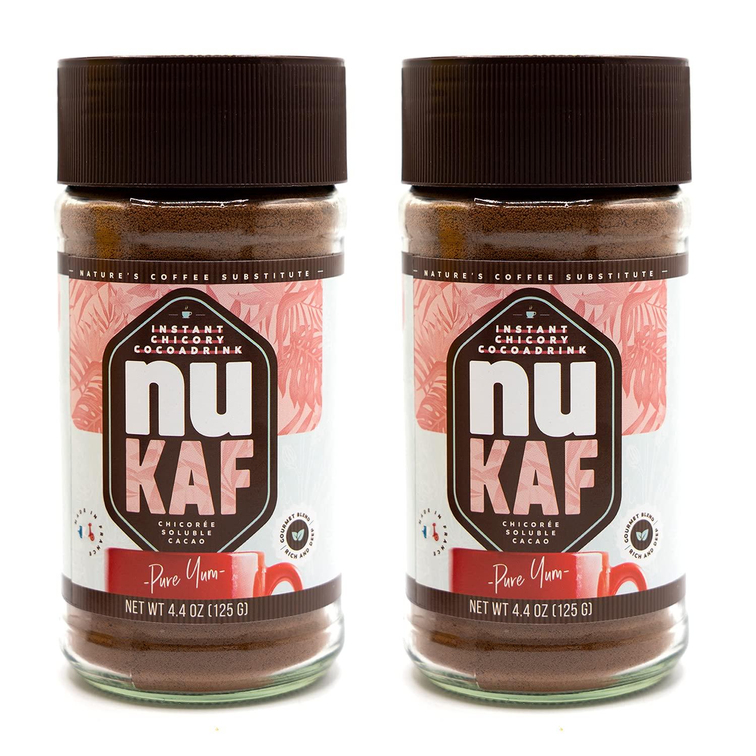 Gourmanity nuKAF By Gourmanity Instant Chicory Coffee Alternative with Cocoa, Brews Like Regular Coffee, Chicory Root Powder Great for Your Daily Drink, Rich in Prebiotics, Kosher, 4.4oz jar (Pack of 2)