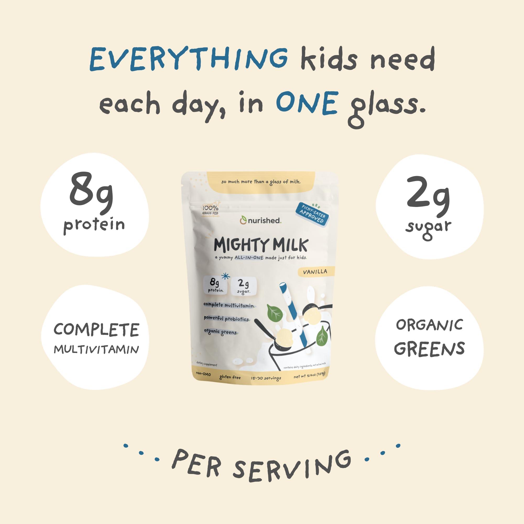 Nurished Nurished Vanilla Mighty Milk - Kids All-in-One Daily Protein Powder & Multivitamin Boosted with 2 Billion Probiotics & Organic Spinach - Natural Flavors, Colors & Sweeteners - 15-30 Servings