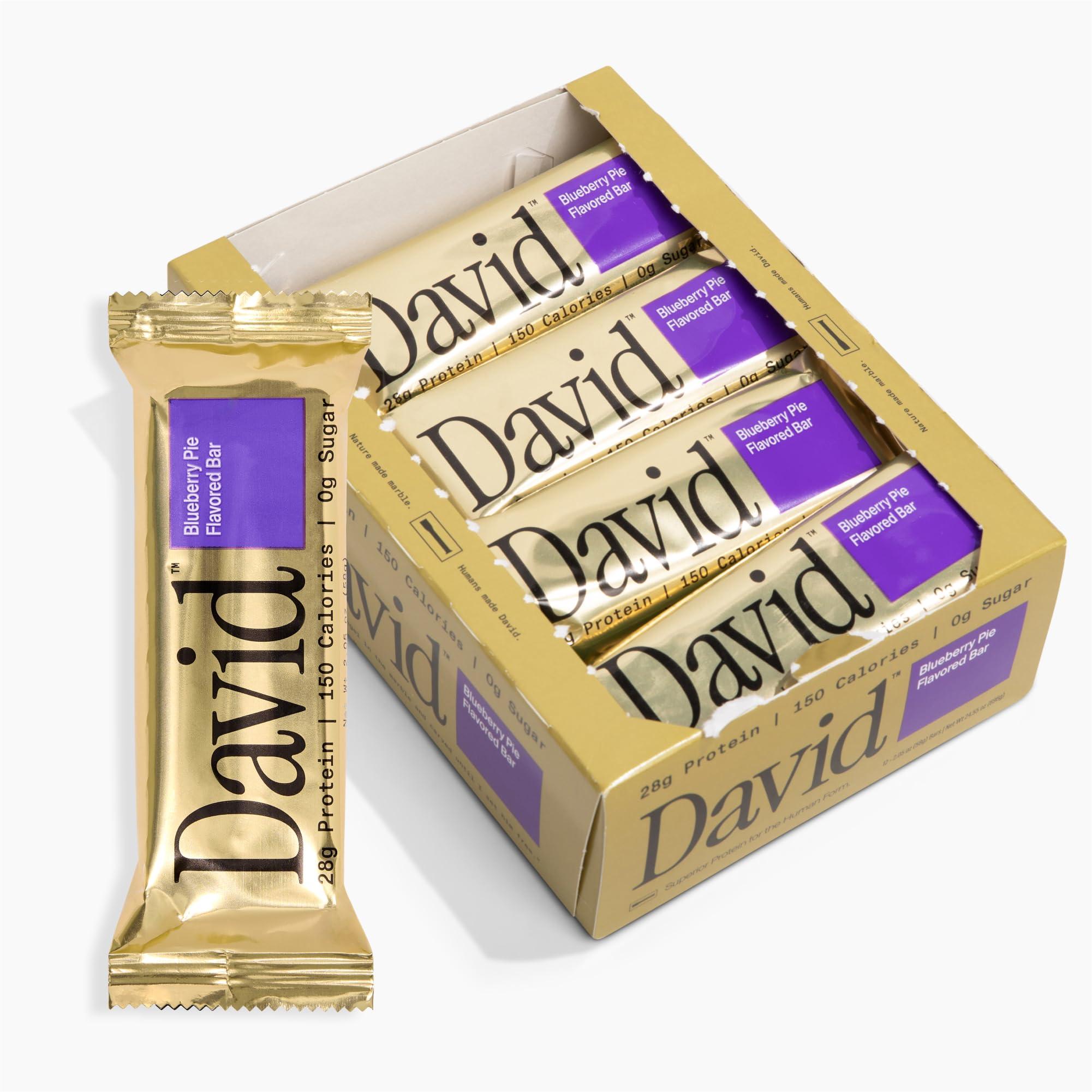 David David, Protein Bar, Blueberry Pie, Pack of 12 Protein Bars | 28g of Protein | 150 Calories | 0g of Sugar - High Protein, Low Carb, Gluten Free Protein Bar