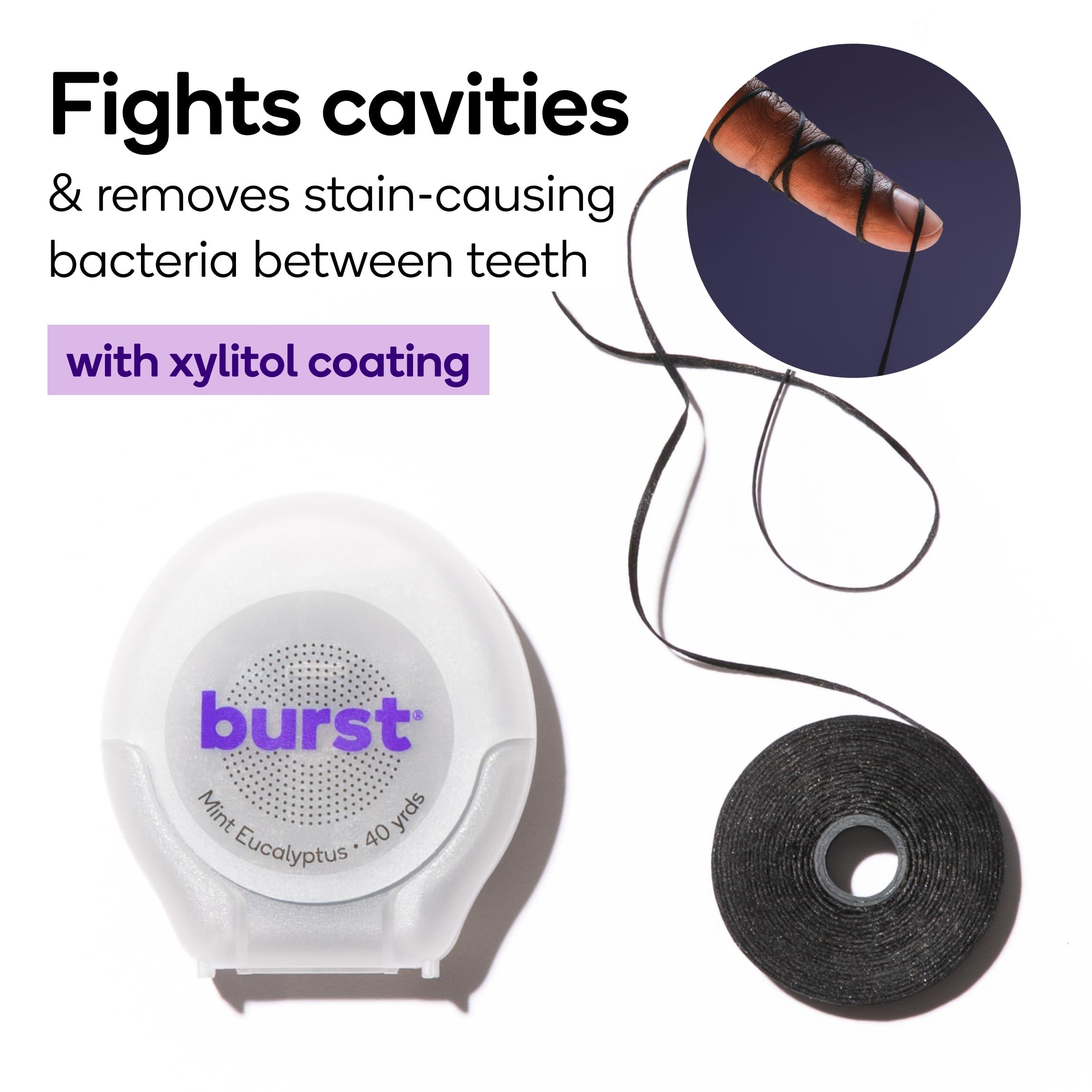 Burst BURST Expanding Dental Floss (Mint Eucalyptus/160 Yards) | Stain Absorbing & Woven with Xylitol Coating to Fight Cavities | Vegan | Paraben Free