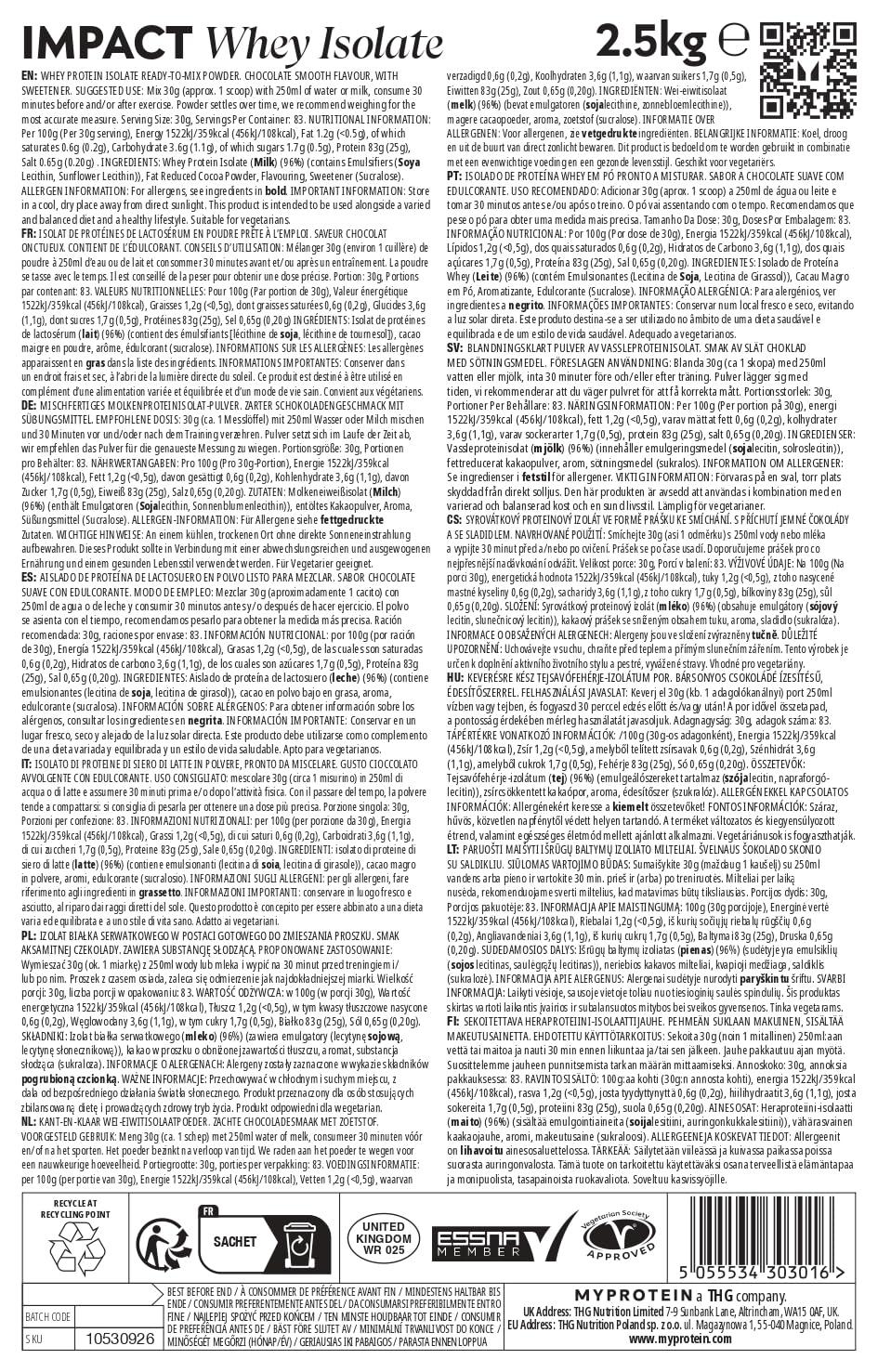 MyProtein MyProtein Impact Whey Isolate, Chocolate Smooth, Pouch, Size: 2.5kg