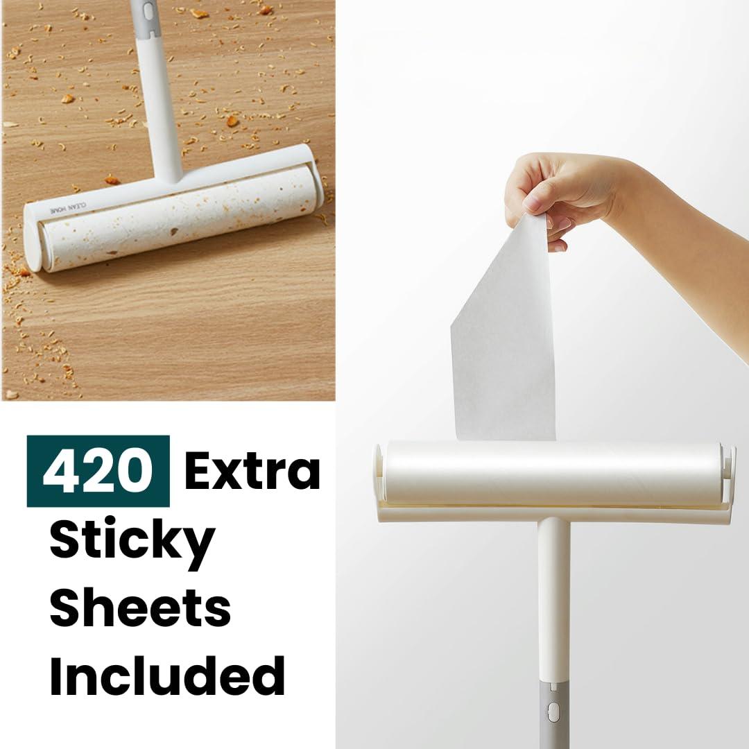 Beyond Thursday Large Lint Roller with Extra Sticky Roller and 420 Sheets 9.5\" Wide, Floor Lint Roller Long Handle, Extendable to 41\", Carpet, Couch, Pet Hair, Clothing Cleaning Supplies (Navy Roller + 7 Refills)