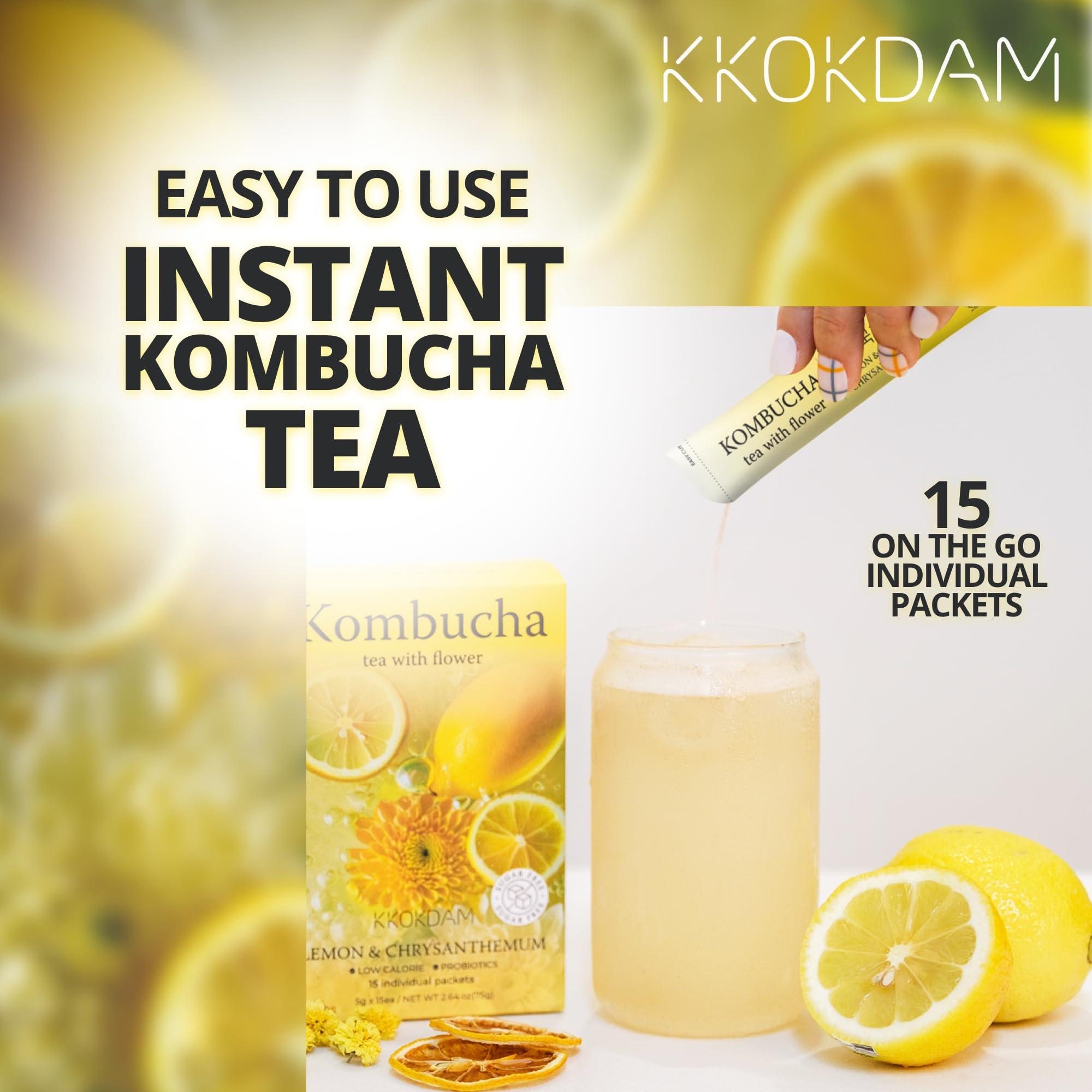 KKOKDAM KKOKDAM Kombucha Tea 15 Packs - Lemon & Chrysanthemum Korean Tea - Kombucha Drinks Probiotic Support, Low Calorie, Sugar Free Kombucha Pack - 15 Kombucha Drink