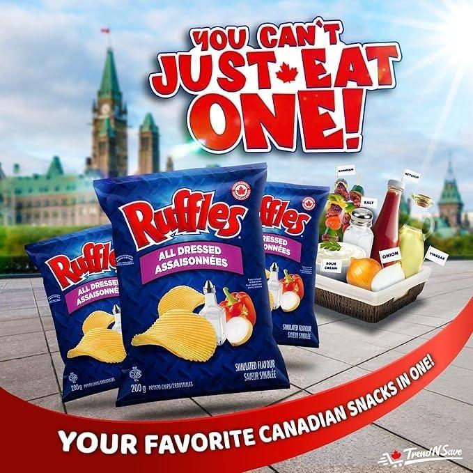 TRENDNSAVE Ruffles All Dressed Potato Chips, 60g/2.1 oz (Pack of 4) - Gluten Free, Lactose Free, Vending Machine, Canadian Snack, Shipped from Canada