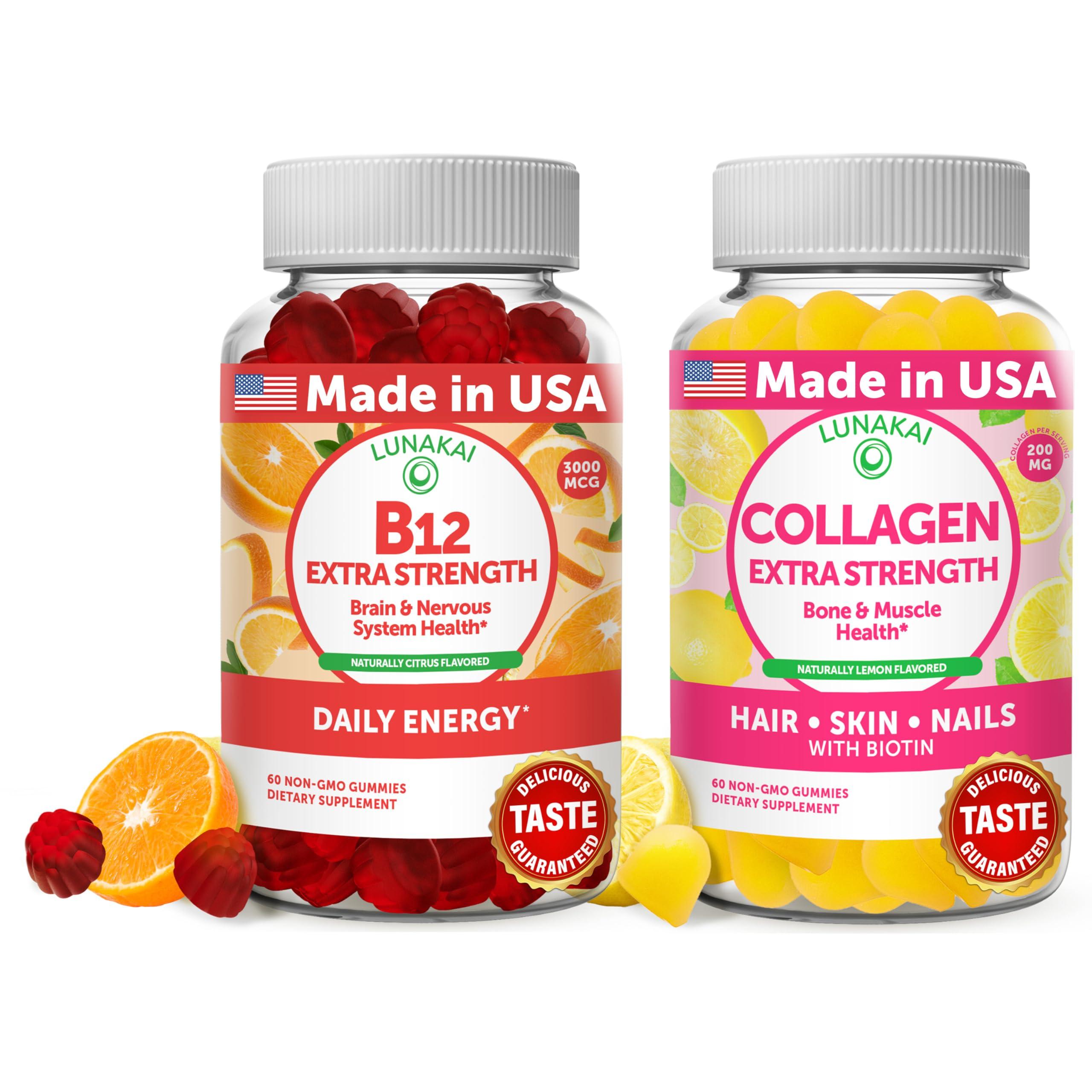 Lunakai Lunakai Vitamin B12 and Collagen Gummies Bundle - 3000 mcg Methylcobalamin High Absorption Energy Gummies - Non-GMO Anti Aging Supplements for Men & Women - 30 Days Supply