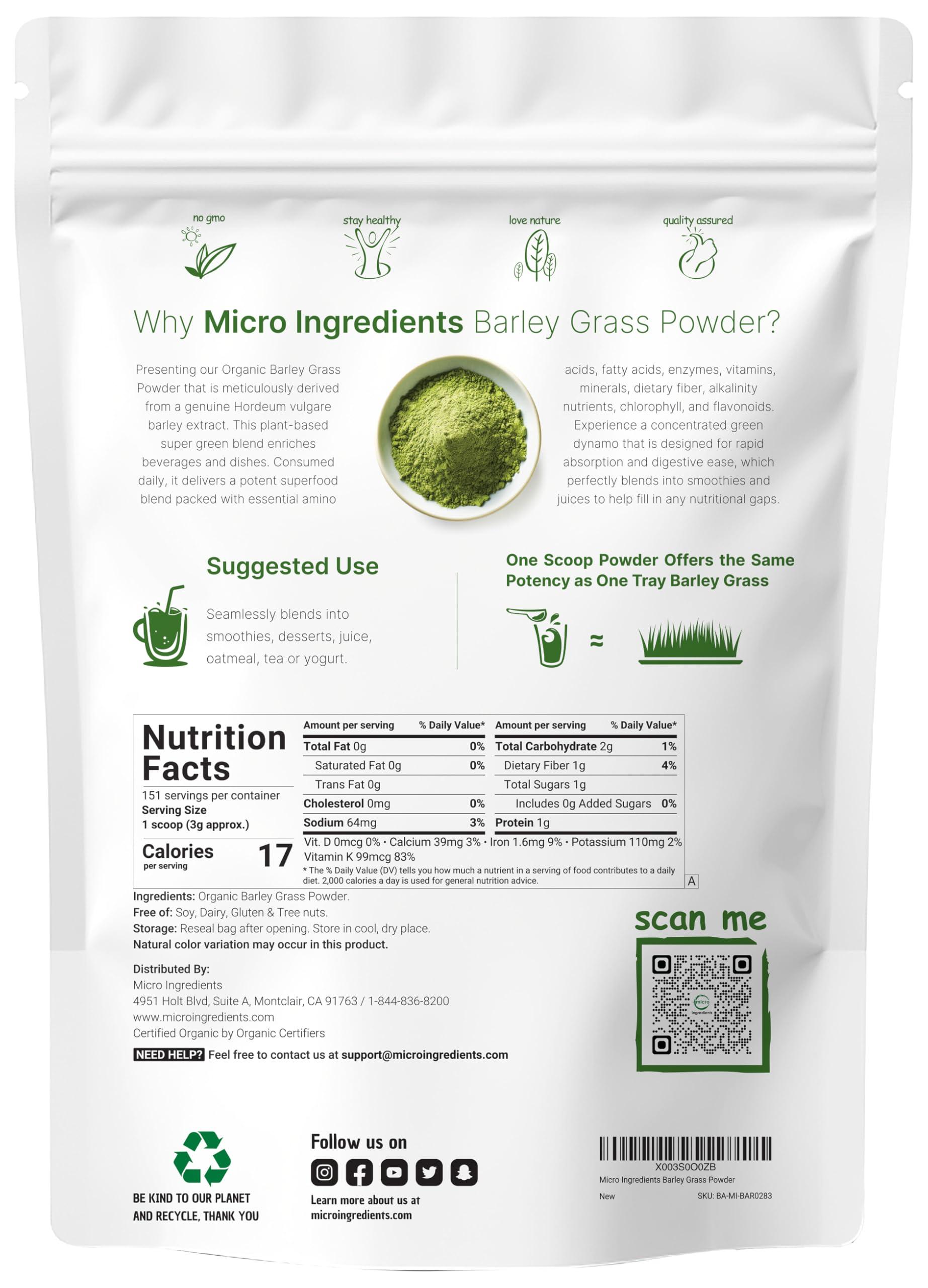 Micro Ingredients Organic Barley Grass Powder, 16 Ounces | US Grown | Rich in Vitamins, Minerals, Fibers, & Antioxidants | Superfood Greens Mix for Immune Health and Digestion Support | Non-GMO
