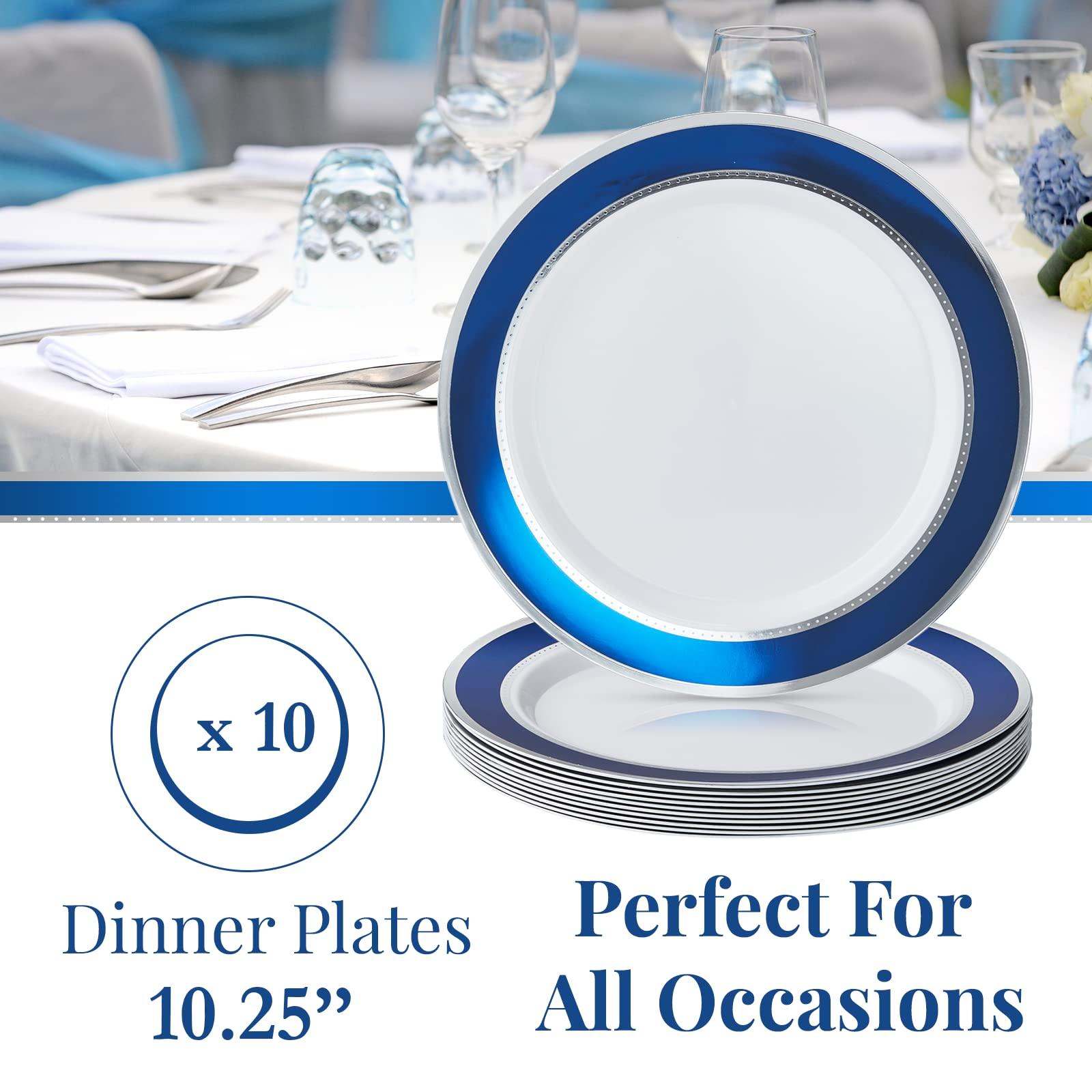 Silver Spoons SILVER SPOONS Elegant Disposable Plates For Party - (10 Piece) Heavy Duty Disposable Dinner Set, Fine Dining Plastic Dishes For Elegant China Look, Great for Celebrations & Events, Blue