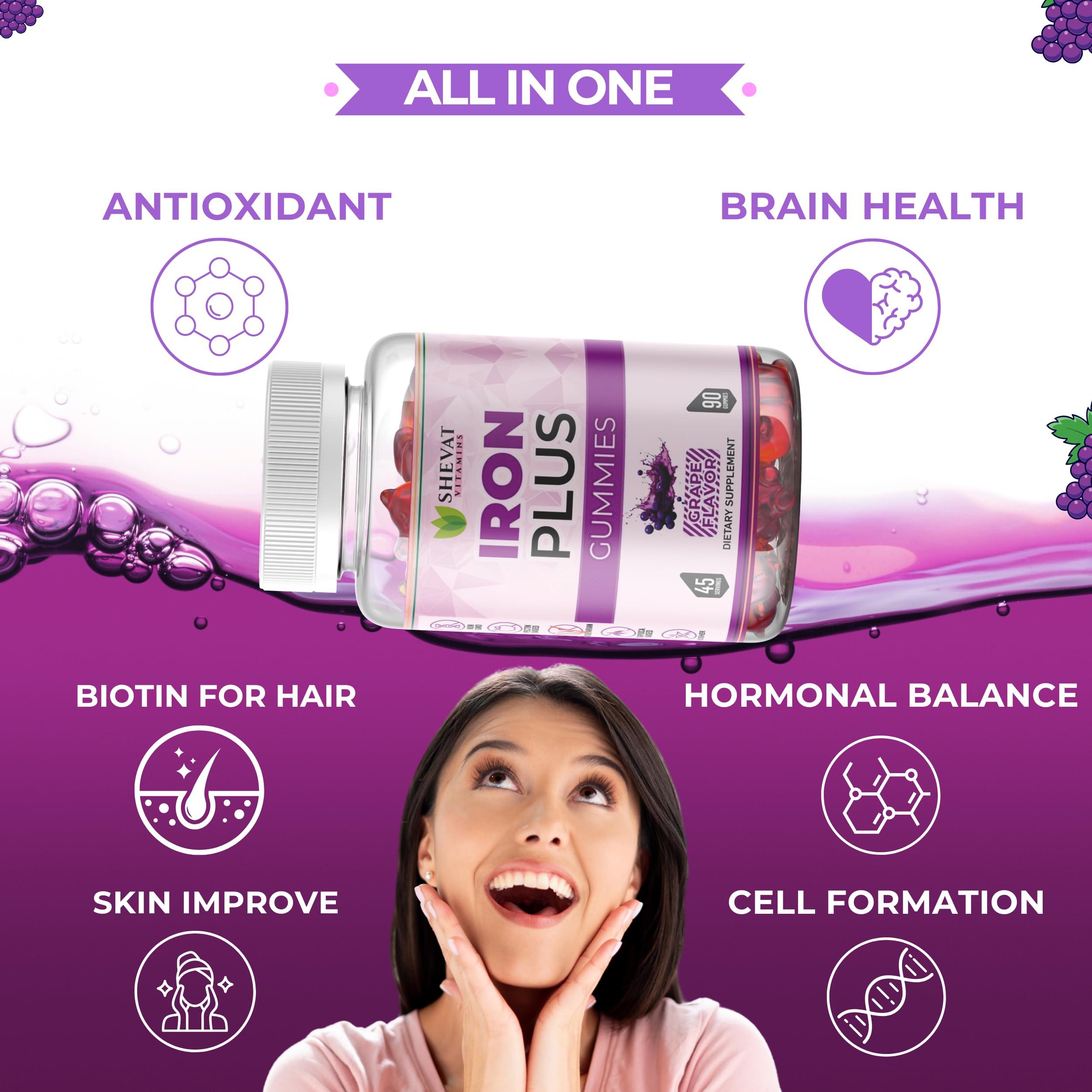 SHEVAT VITAMINS Family Iron Gummies for Women, Men & Kids Chewable Iron Supplements for Women Anemia & Men  Kids Iron Gummies with Iron Vitamins for Women  Vegan,Gluten-Free(Grape Flavor) Immune Support  USA Made