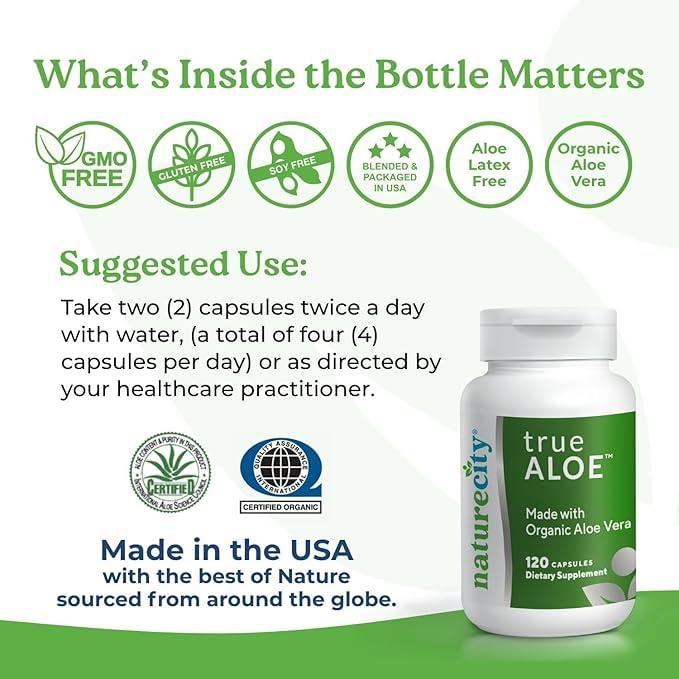 NatureCity NatureCity True-Aloe 80,000mg Aloe Vera Gel Equivalent Per Serving Made with Organic Aloe Vera (360 Capsules) Digestive, Skin and Joint Support|Small Easy-to-Swallow Pills