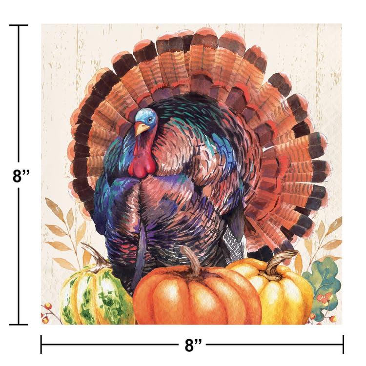 Party Creations Thanksgiving Dinner Napkins - 32 Count | Harvest Turkey Design