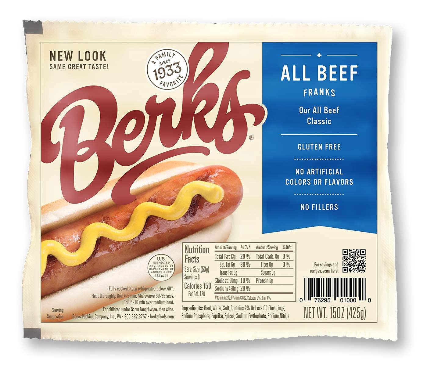 Berks Berks All Beef Hot Dogs, 8 per Pack (Pack of 3), Gluten-free