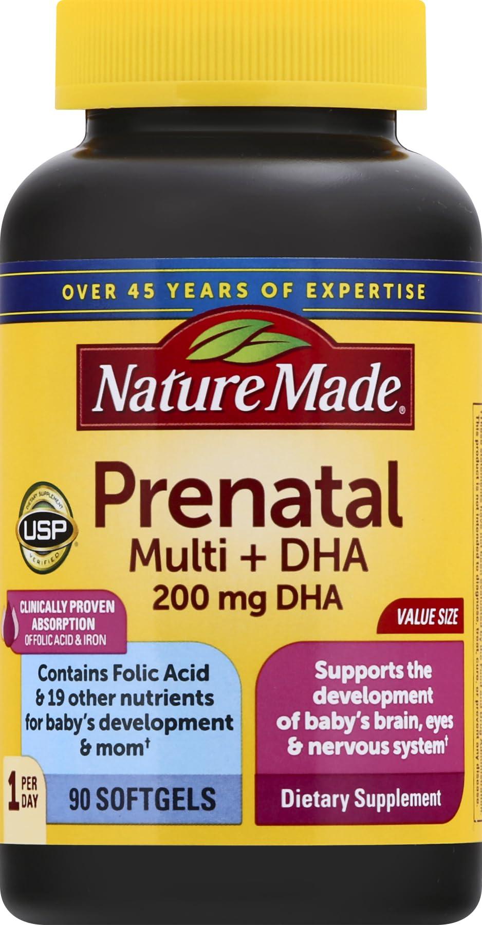 Nature Made Prenatal Vitamin + DHA Softgel with Folic Acid, Iodine and Zinc, 90 Count