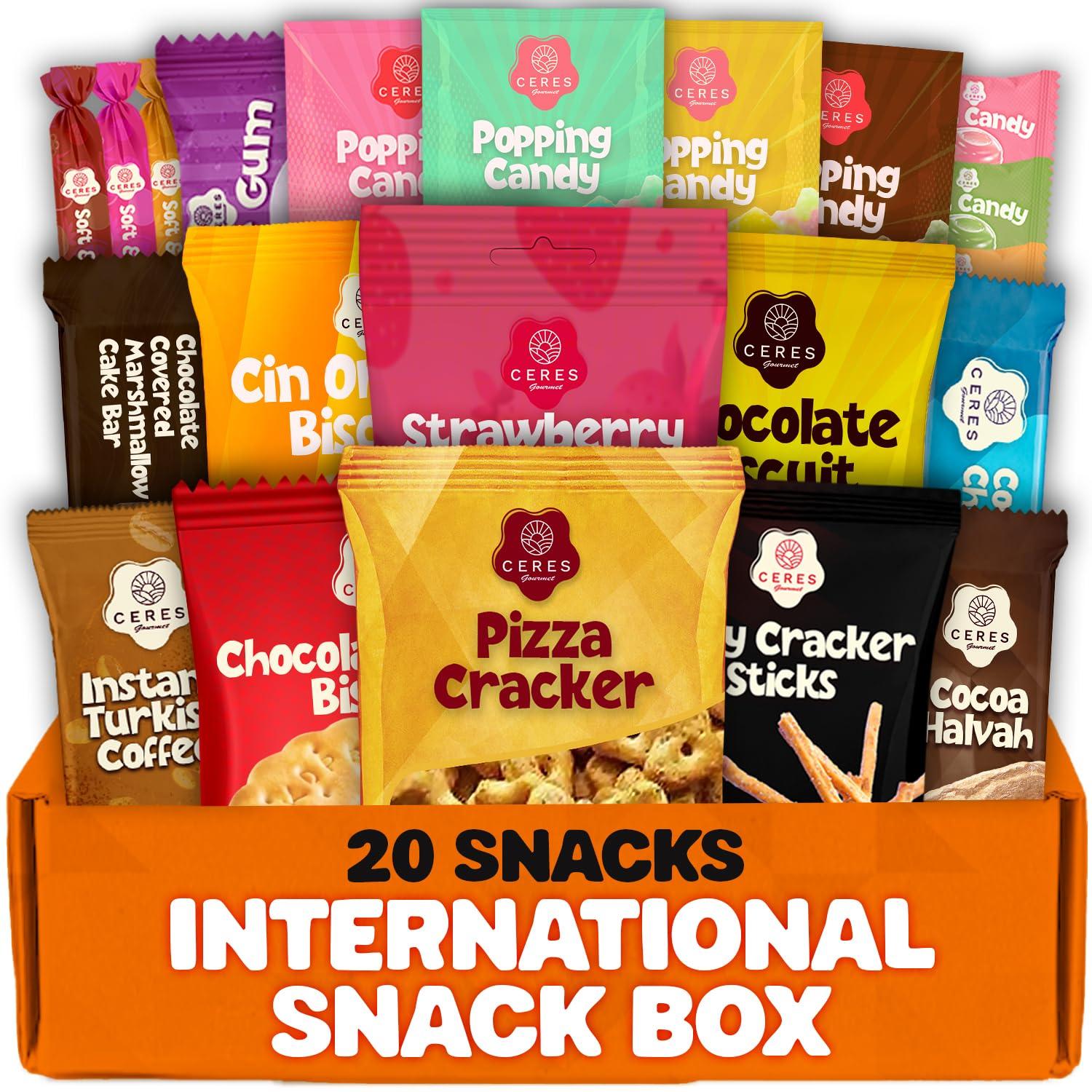 Ceres Gourmet International Snack Box Variety Pack, 12 Different Snacks with 15+ Pieces Count Premium Foreign Rare Snacks and Candies, Sweet & Sour Candy Pack for Christmas Thanksgiving or More