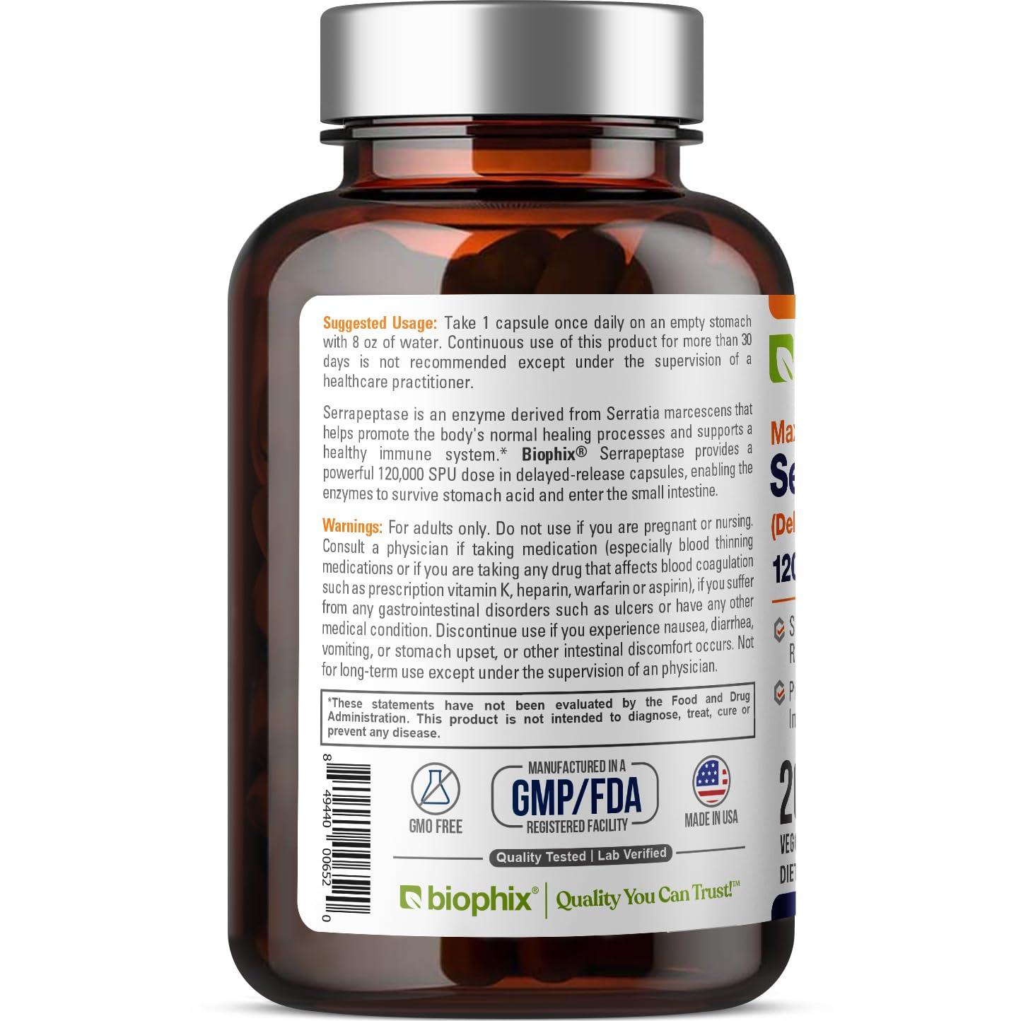 biophix biophix Serrapeptase 120000 SPU Maximum Strength 200 Veggie Caps - Delayed Release Formula - Natural Enzyme Support