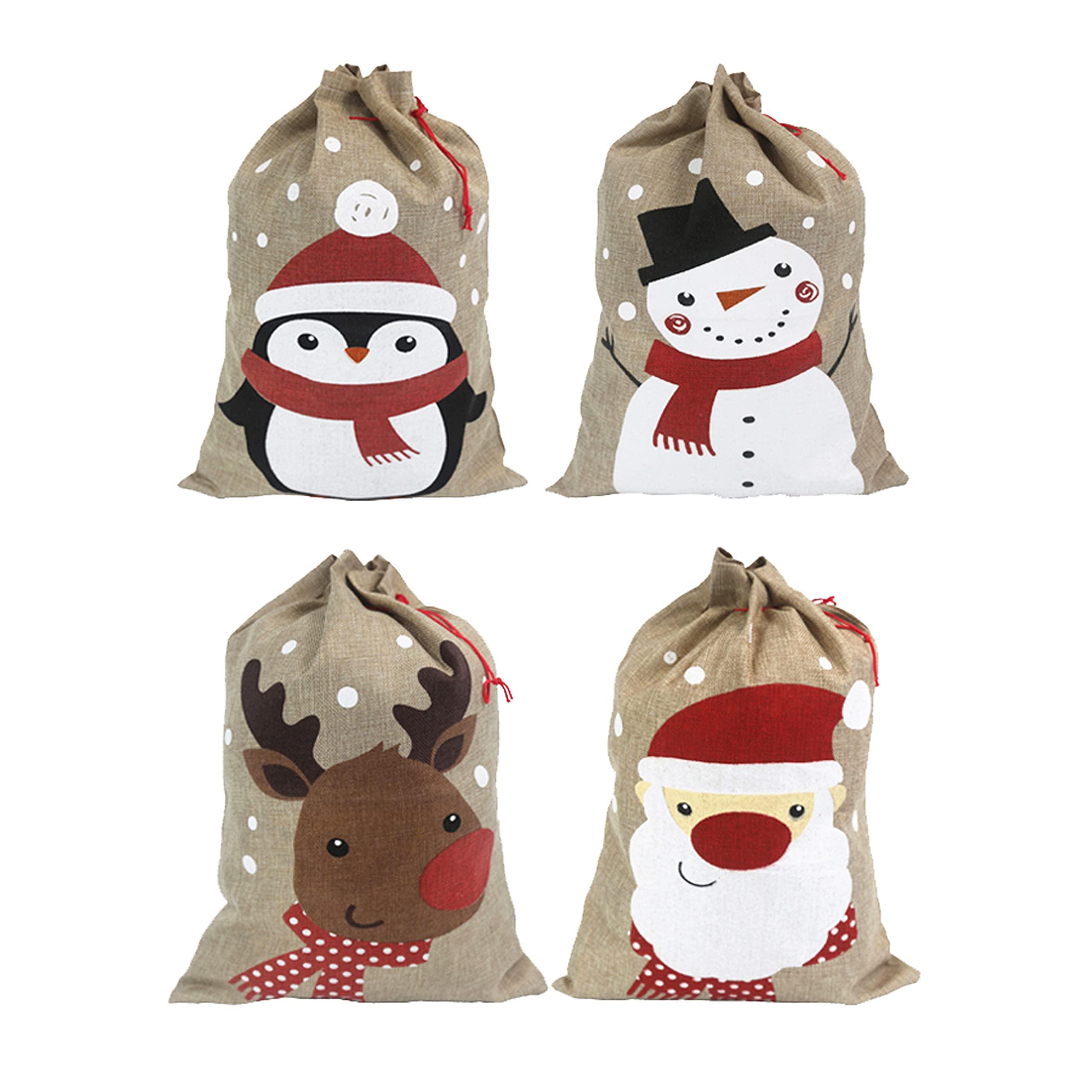 Hooin Christmas Sacks (13.8‘’ x 19.7‘’ Medium Size) – Pack of 4 Drawstring Goody Gift Bags for Christmas Treats 4 Designs Santa Snowman Reindeer Penguin