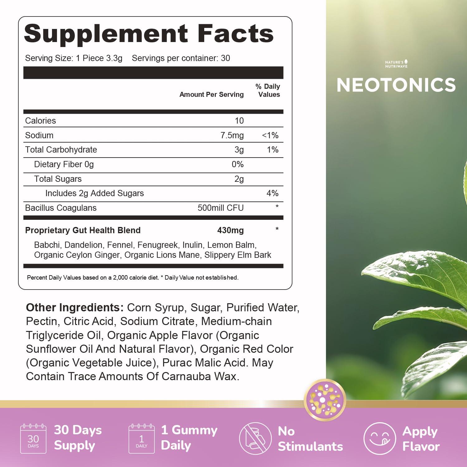Natures NutriWave Neotonics Skin and Gut Gummies - 100% Natural Probiotic Gummies, Chewable Probiotics for Digestive Health & Skin Health, Daily Probiotics for Women & Men - Apple Flavor, 30 Gummies, 1 Month Supply