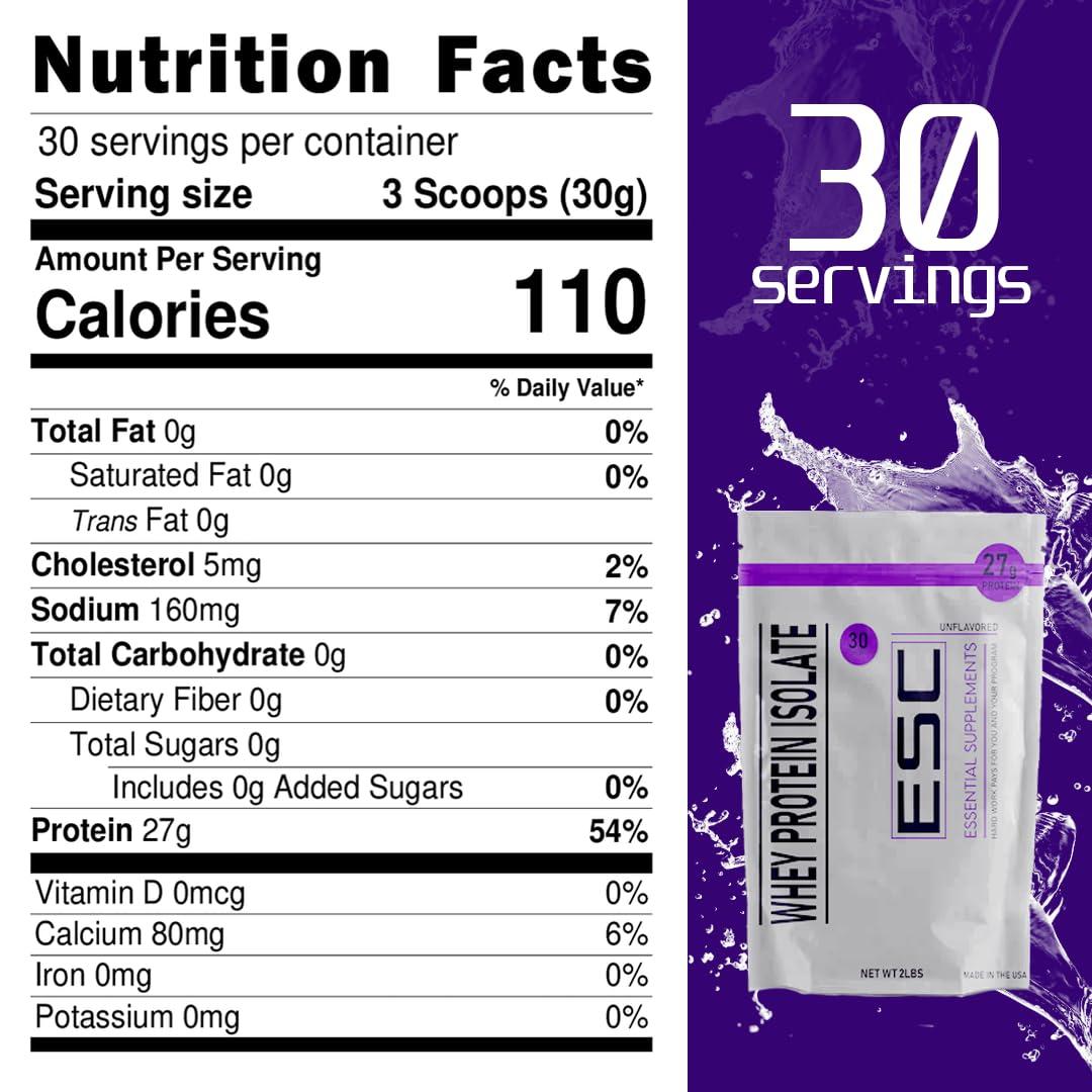 Essential Supplements Company Essential Supplements Company Pure Unflavored Whey Protein Isolate - 27g Protein per Serving - Versatile All-Purpose Protein Supplement