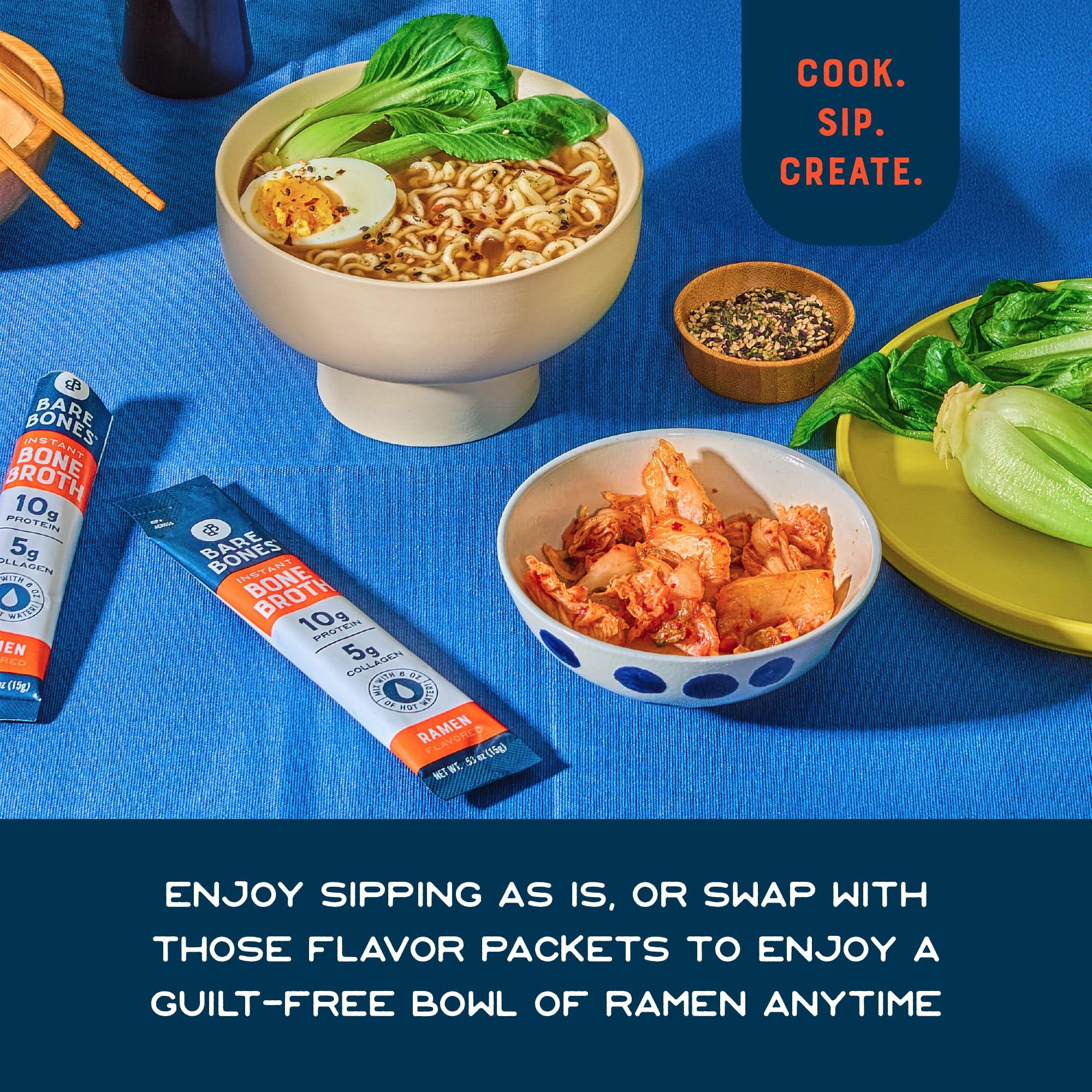 Bare Bones Bare Bones Bone Broth Instant Powdered Beverage Mix, Ramen, Pack of 8, 15g Sticks, 10g Protein, Keto & Paleo Friendly, Non-GMO, Gluten-Free, Dairy-Free