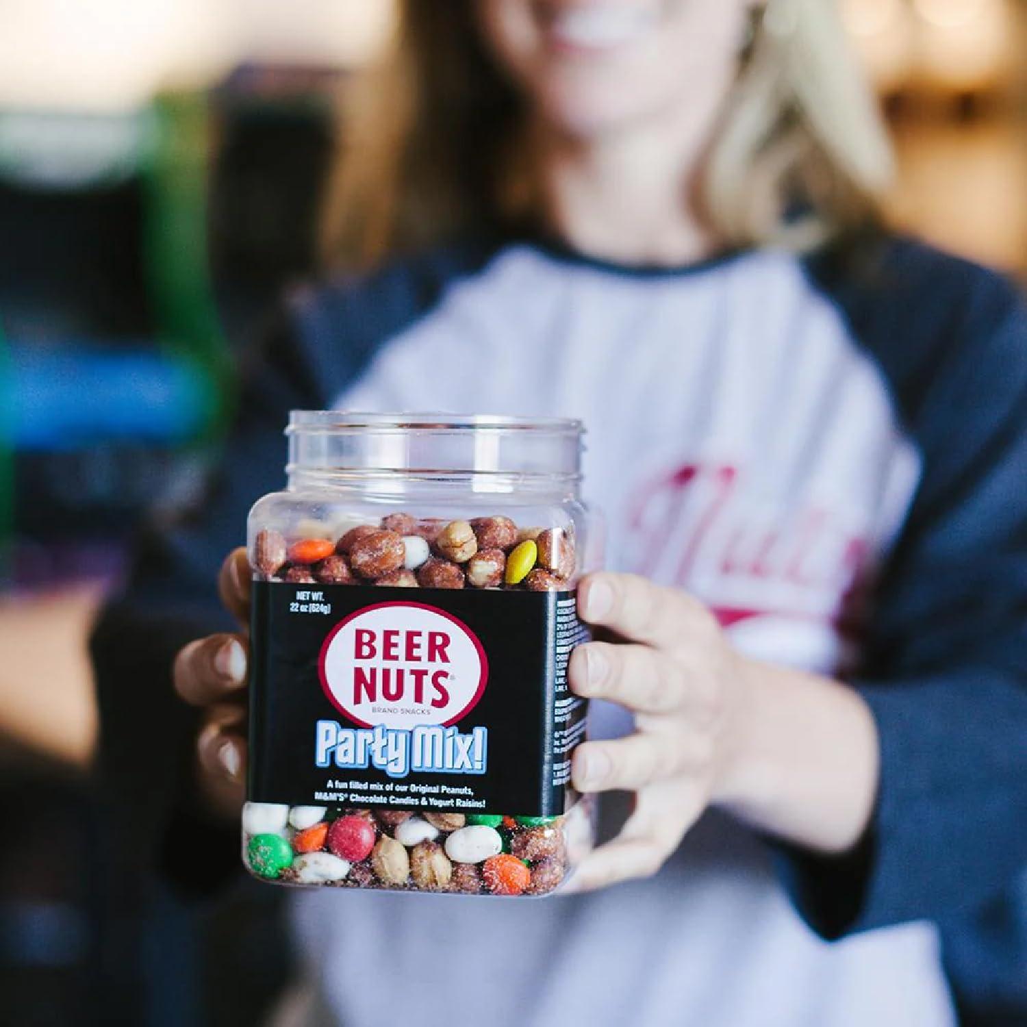 BEER NUTS BEER NUTS Party Mix - Original Sweet & Salty Roasted Gourmet Peanuts, Plain Yogurt Covered Raisins, M&M\'s Milk Chocolate Candies - Kosher, Gluten Free, Family Size Resealable Packaged Snack - 42oz Jar