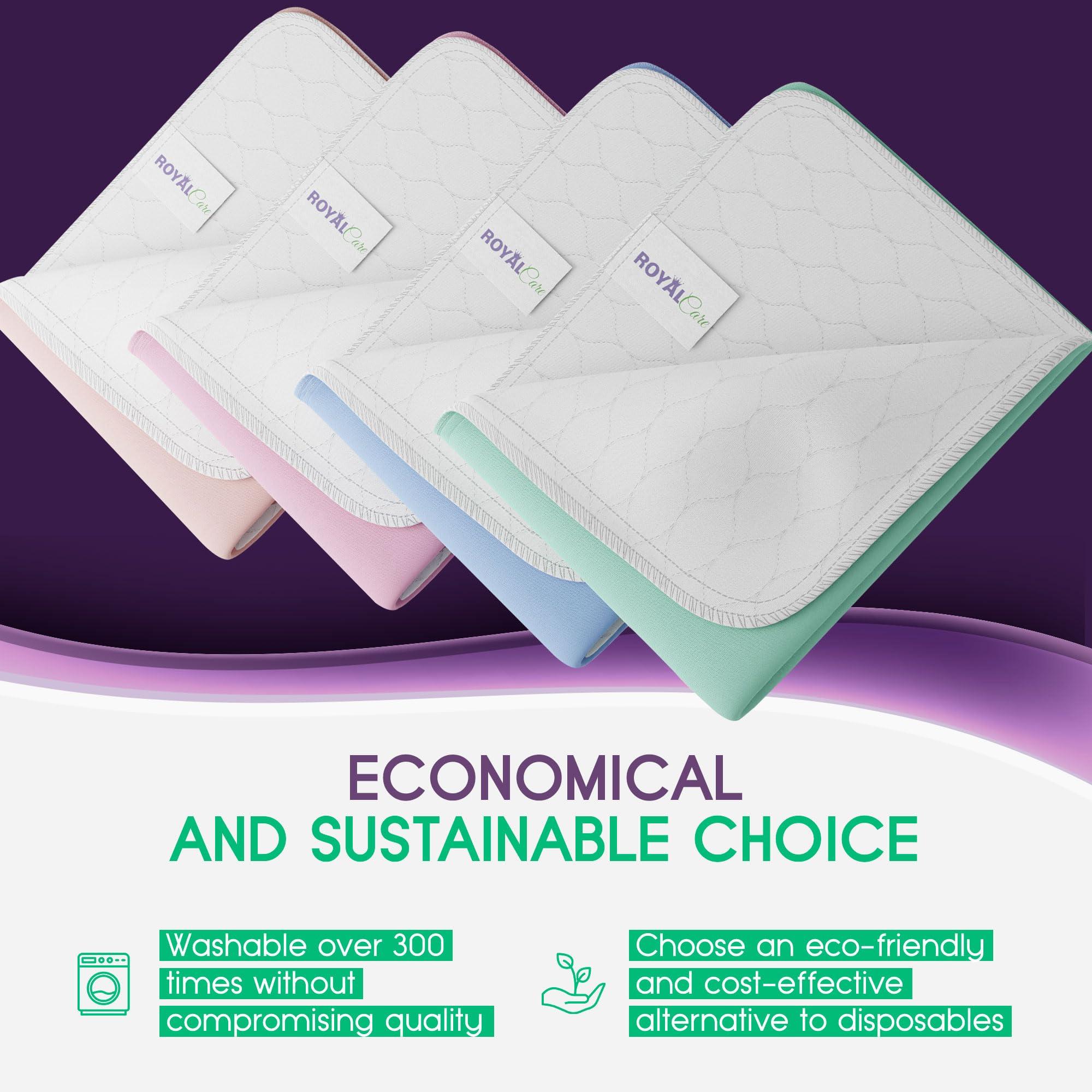 Royal Care Incontinence Bed Pads - 4 Pack 24” x 36” Reusable Waterproof Mattress Protectors - Highly Absorbent, Machine Washable - for Children, Pets and Seniors - Assorted Colors - Royal Care
