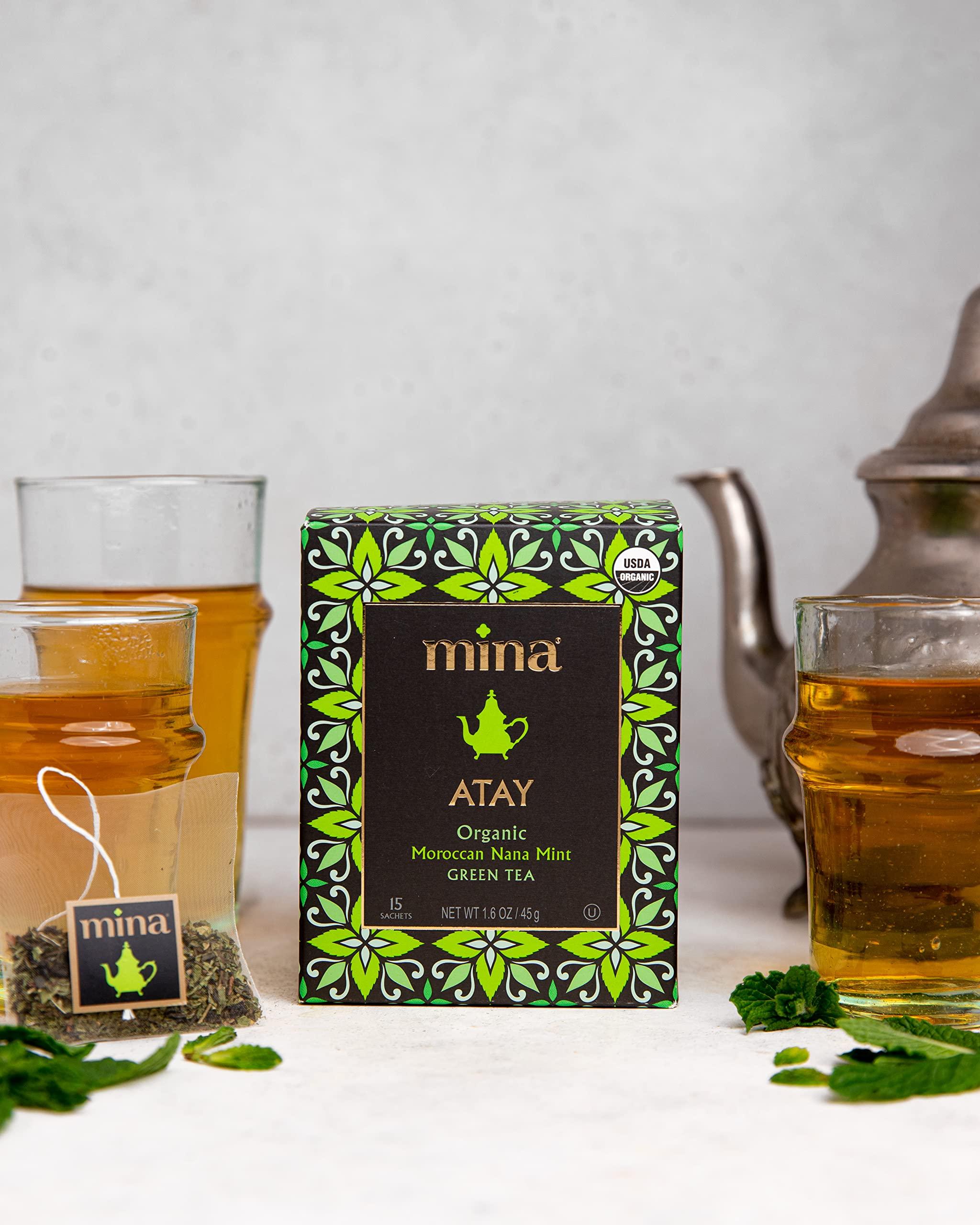 Mina Mina Atay Organic Moroccan Nana Mint Green Tea, 15 Biodegradable Sachets (Pack of 6) - Refreshing Moroccan Mint Tea Bags, Green Tea, Moroccan Mint Green Tea Bags, Low in Caffeine