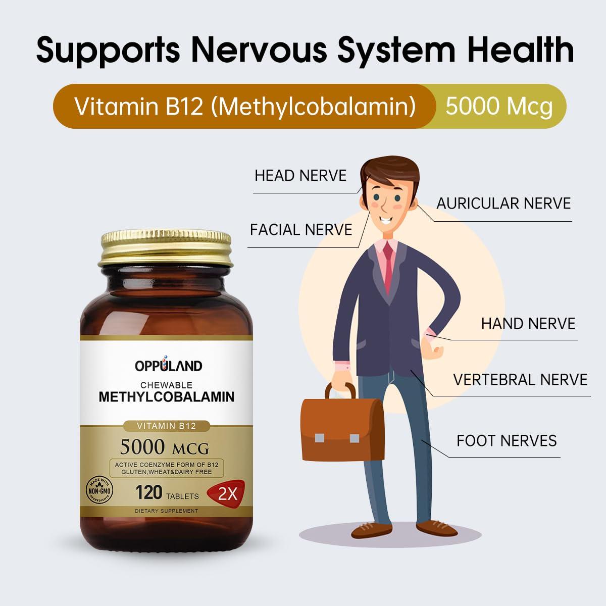 oppuland oppuland Vitamin B12 (Methylcobalamin) 5000 mcg, Folic Acid (Vitamin B9 Folate) Improve The Symptoms of Cirrhosis and Liver Steatosis 120 Tablets (Orange Flavor)